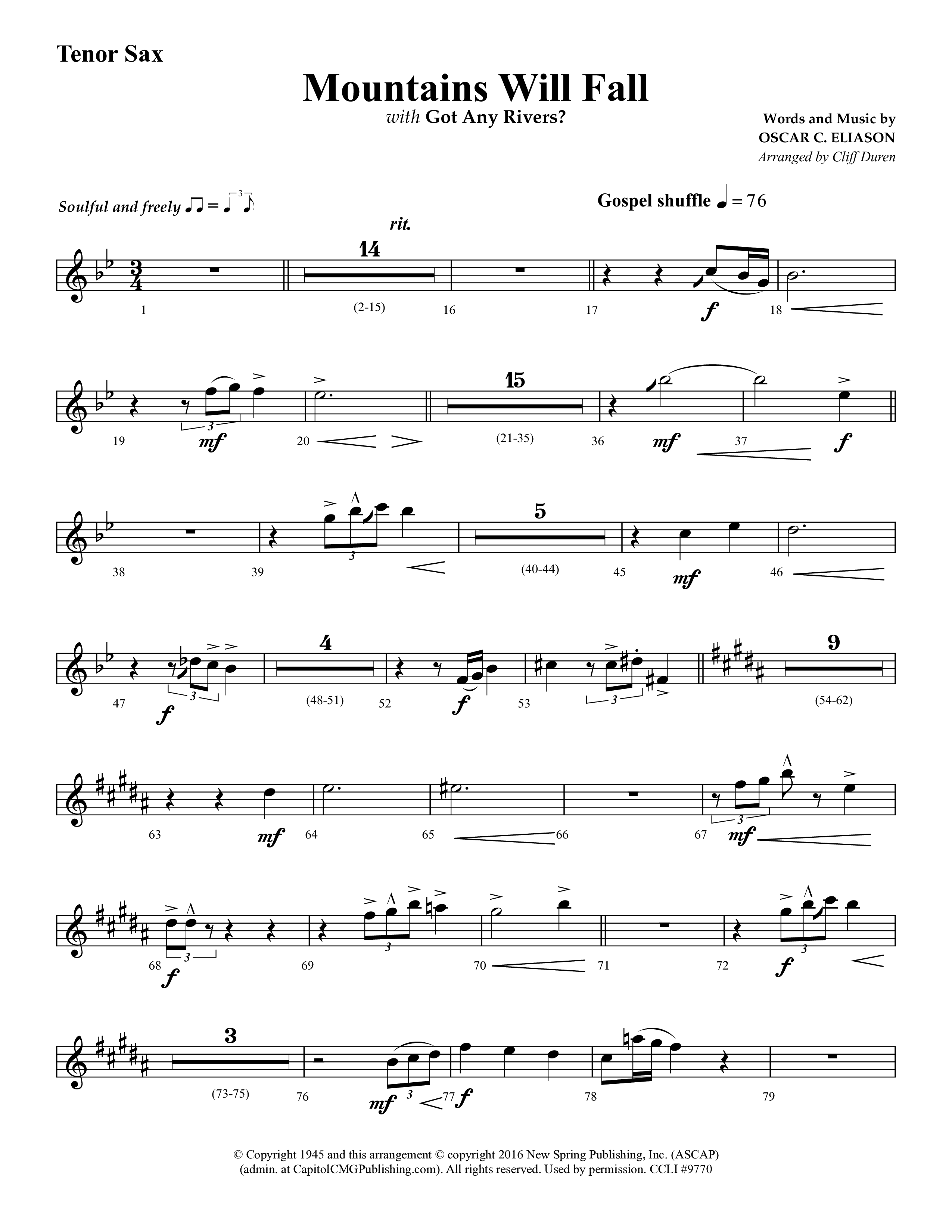 Mountains Will Fall with Got Any Rivers (Choral Anthem SATB) Tenor Sax 1 (Lifeway Choral / Arr. Cliff Duren)