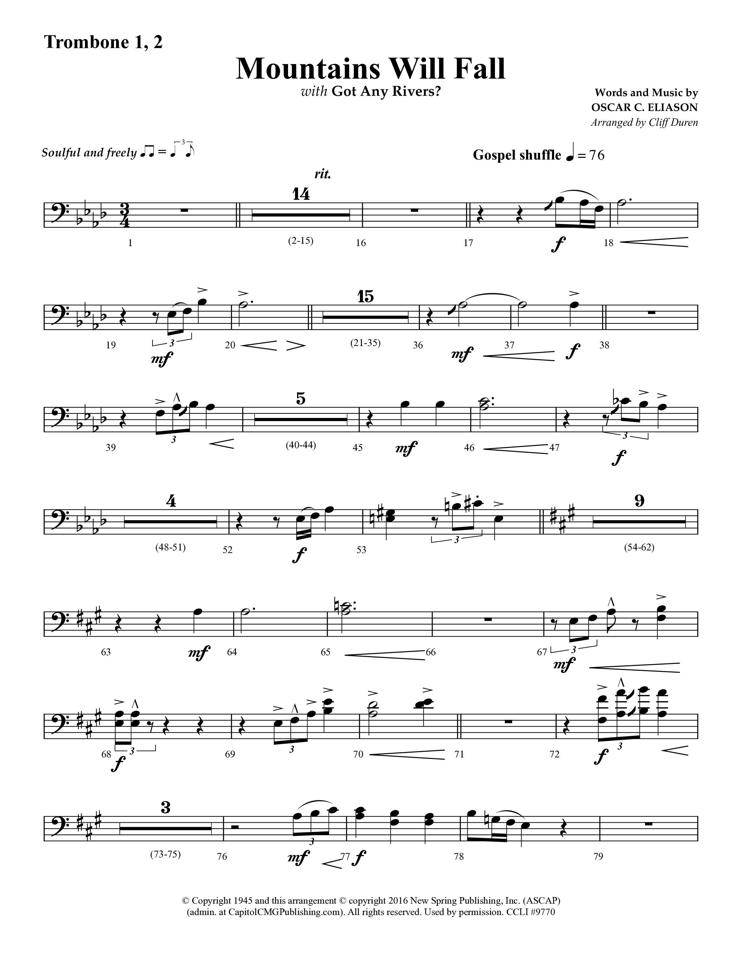 Mountains Will Fall with Got Any Rivers (Choral Anthem SATB) Trombone 1/2 (Lifeway Choral / Arr. Cliff Duren)