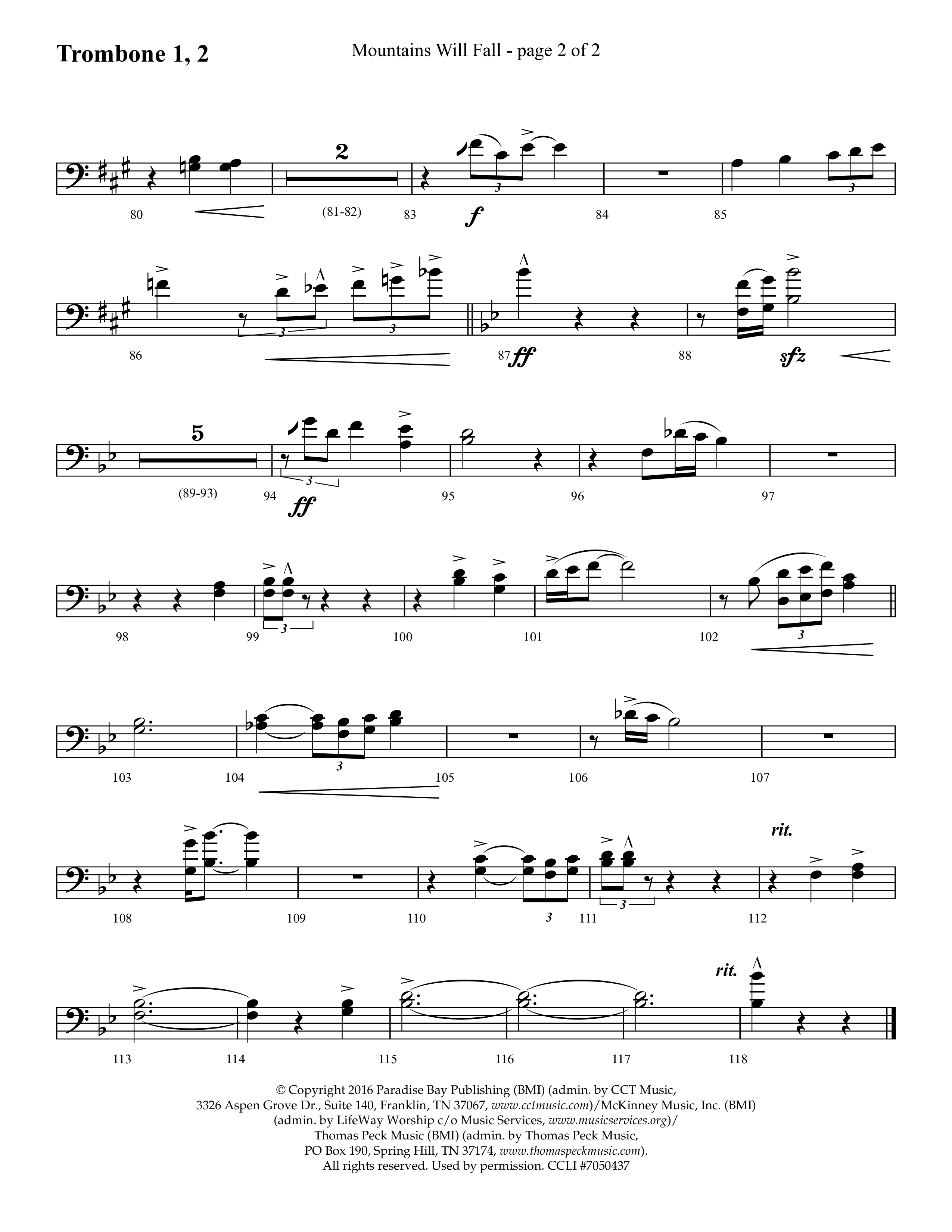 Mountains Will Fall with Got Any Rivers (Choral Anthem SATB) Trombone 1/2 (Lifeway Choral / Arr. Cliff Duren)