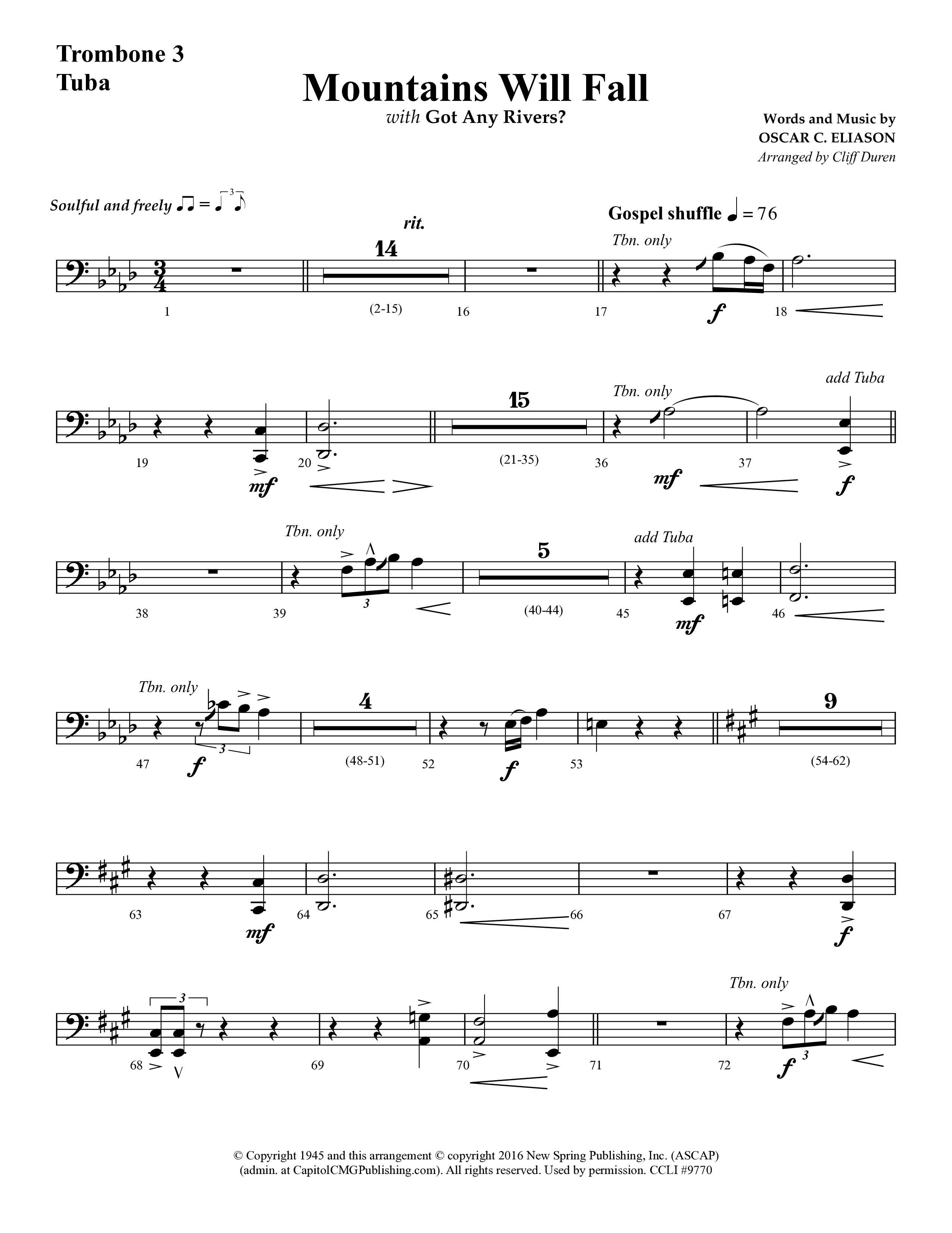Mountains Will Fall with Got Any Rivers (Choral Anthem SATB) Trombone 3/Tuba (Lifeway Choral / Arr. Cliff Duren)