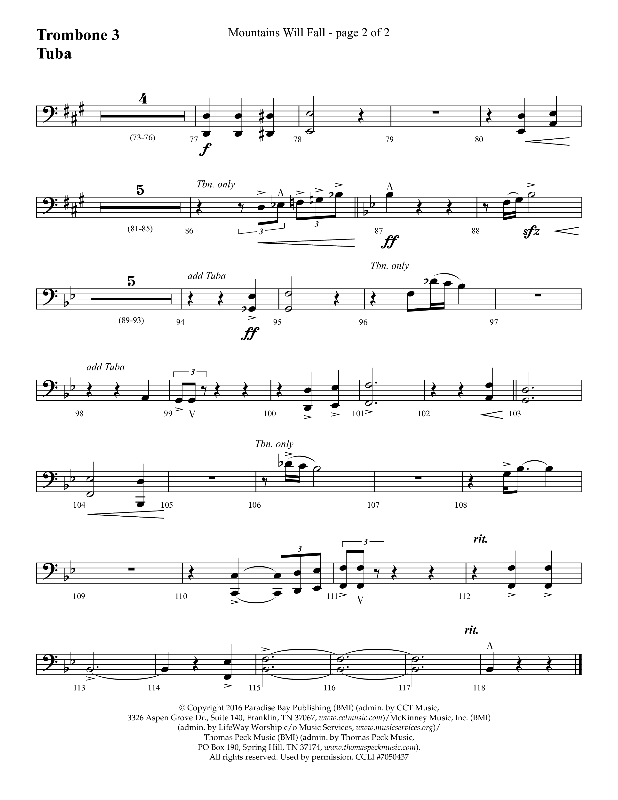 Mountains Will Fall with Got Any Rivers (Choral Anthem SATB) Trombone 3/Tuba (Lifeway Choral / Arr. Cliff Duren)