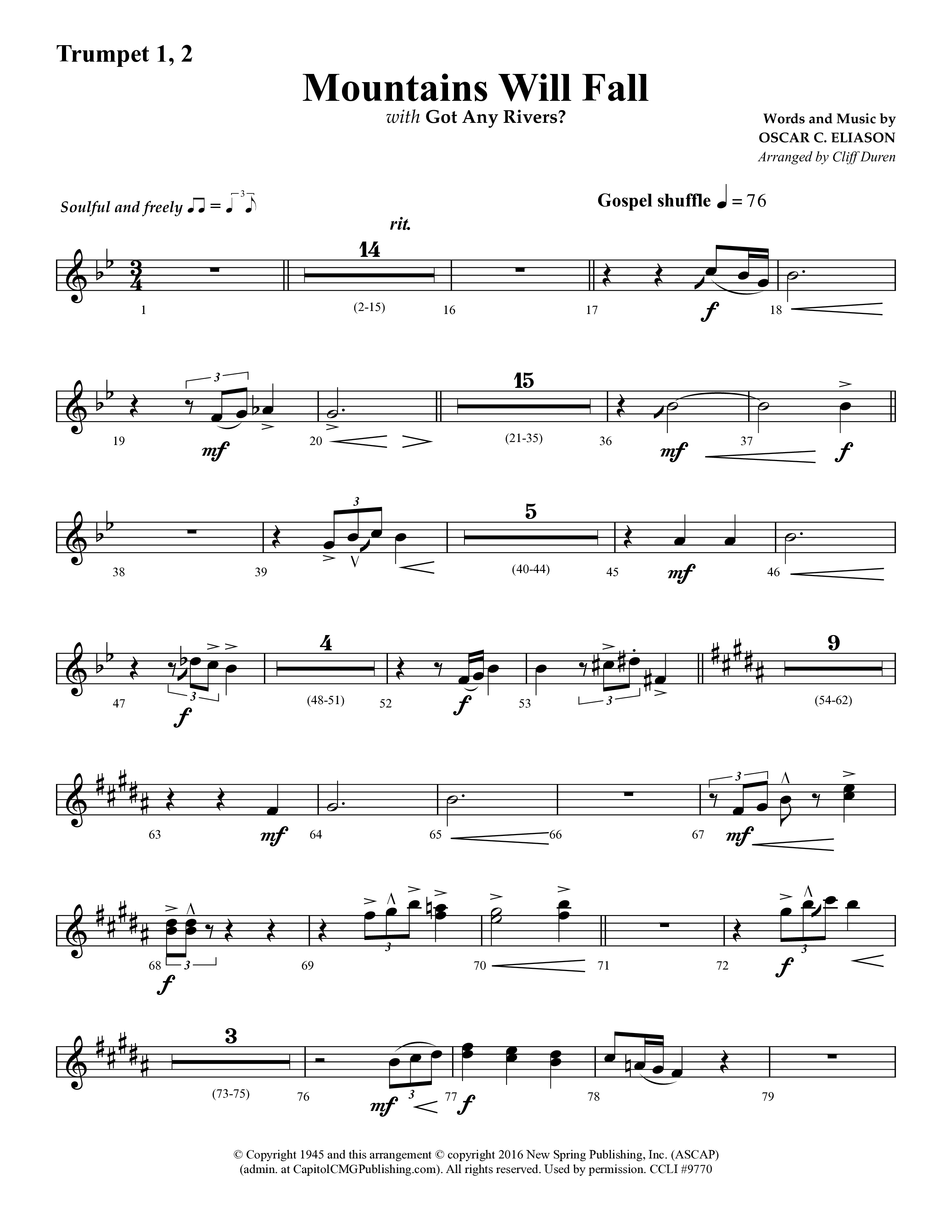 Mountains Will Fall with Got Any Rivers (Choral Anthem SATB) Trumpet 1,2 (Lifeway Choral / Arr. Cliff Duren)