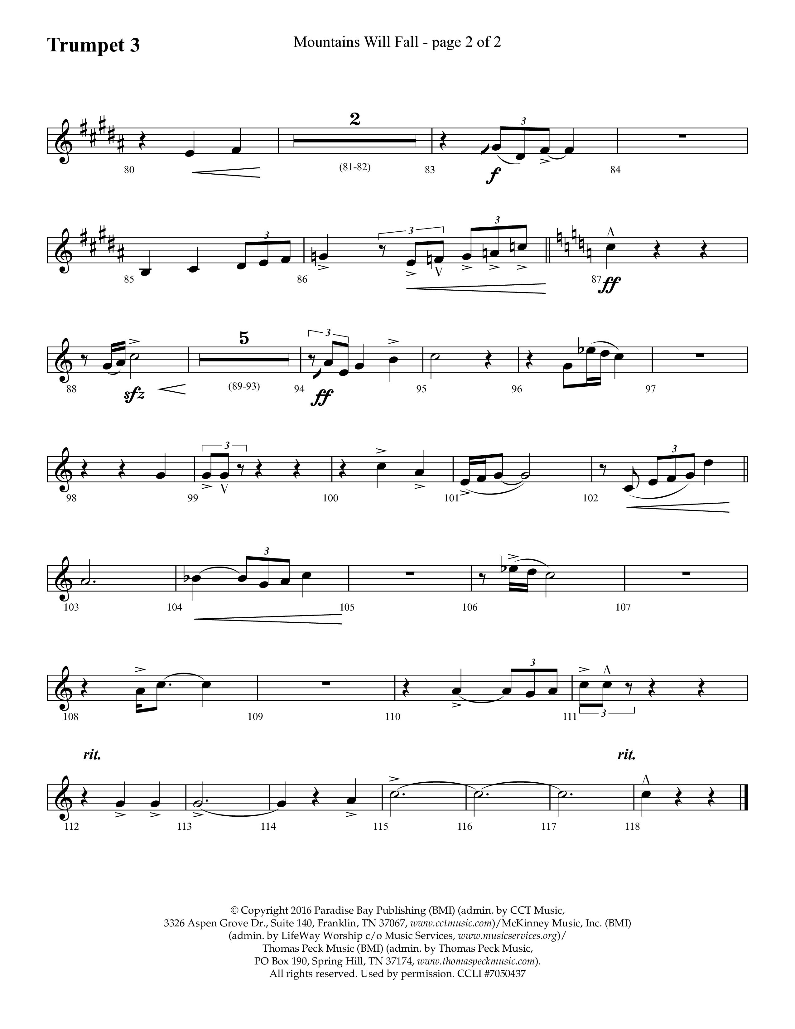 Mountains Will Fall with Got Any Rivers (Choral Anthem SATB) Trumpet 3 (Lifeway Choral / Arr. Cliff Duren)