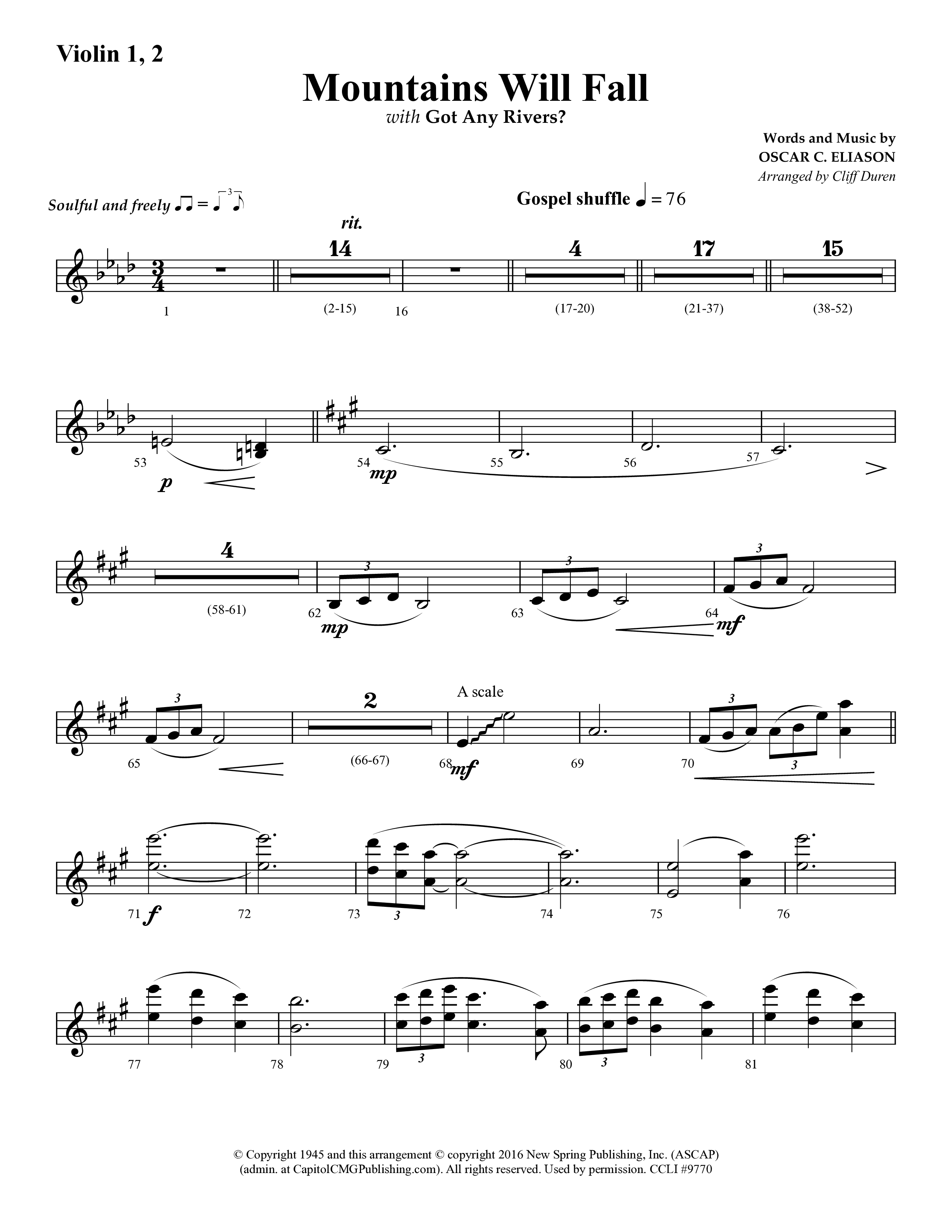 Mountains Will Fall with Got Any Rivers (Choral Anthem SATB) Violin 1/2 (Lifeway Choral / Arr. Cliff Duren)