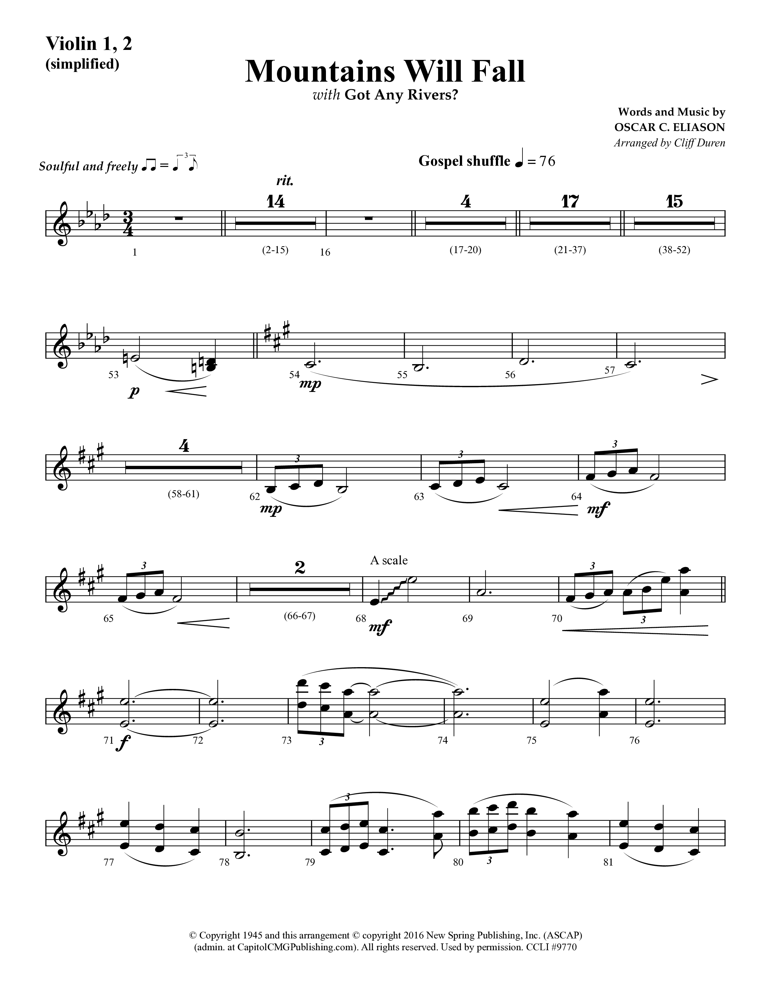 Mountains Will Fall with Got Any Rivers (Choral Anthem SATB) Violin 1/2 (Lifeway Choral / Arr. Cliff Duren)