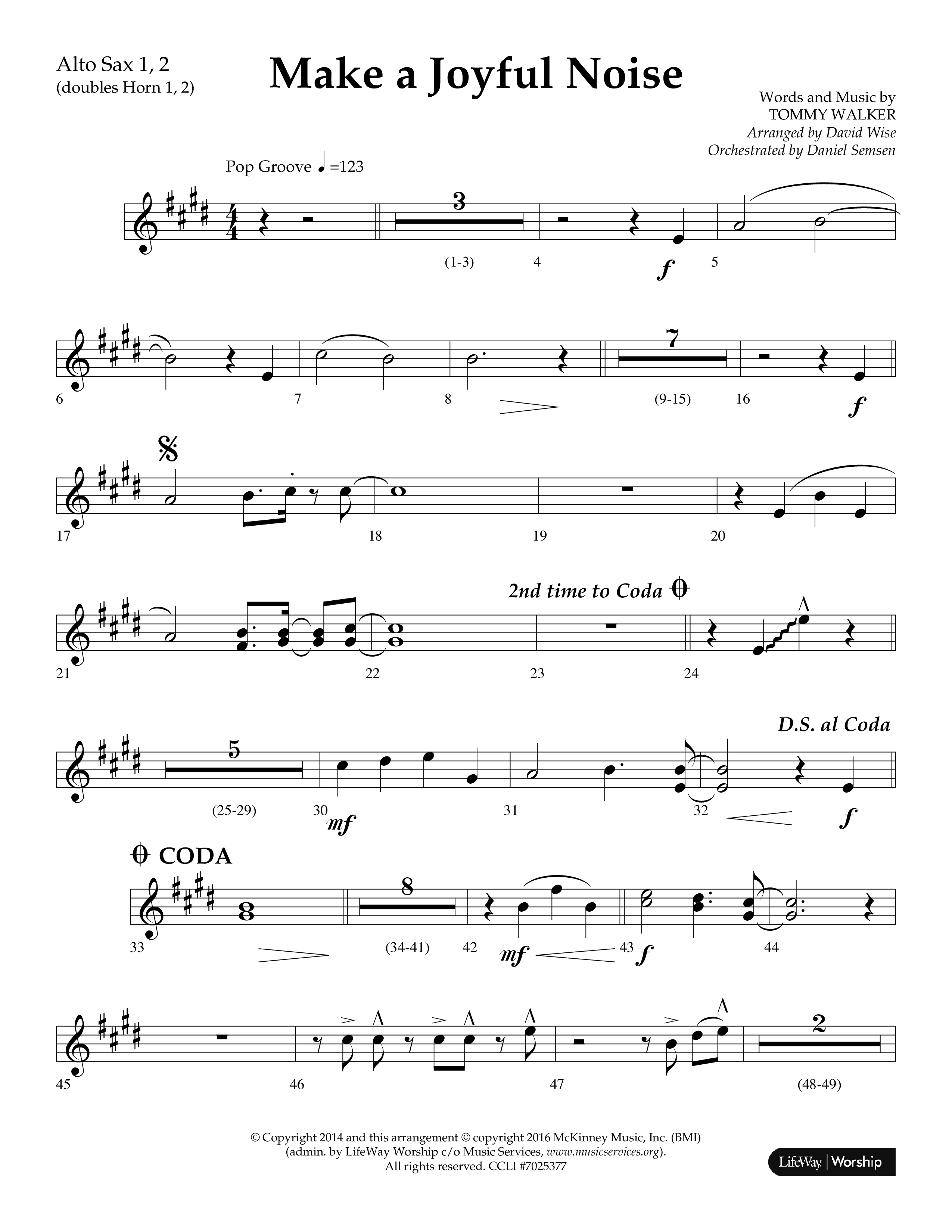 Make A Joyful Noise (Choral Anthem SATB) Alto Sax 1/2 (Lifeway Choral / Arr. David Wise / Orch. Daniel Semsen)