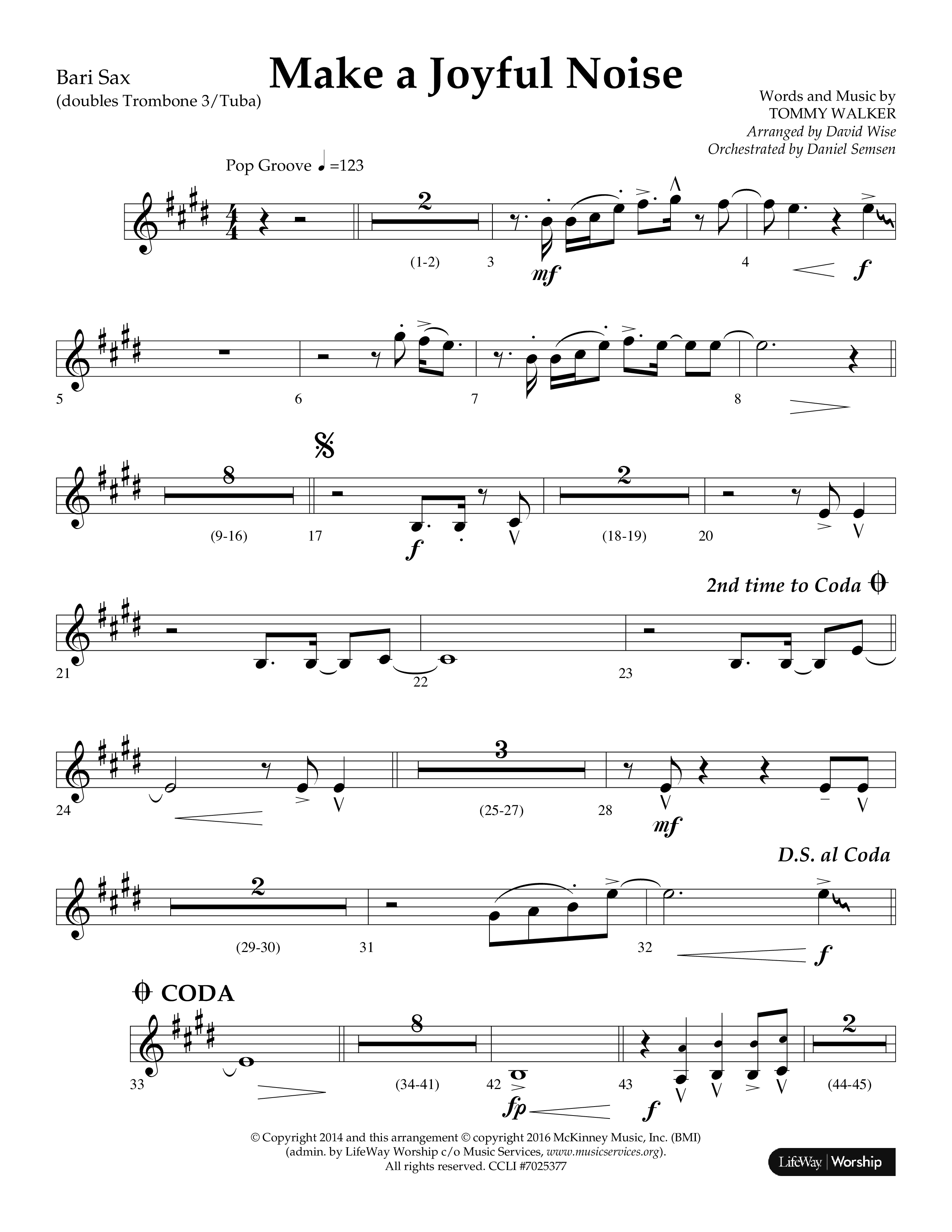 Make A Joyful Noise (Choral Anthem SATB) Bari Sax (Lifeway Choral / Arr. David Wise / Orch. Daniel Semsen)