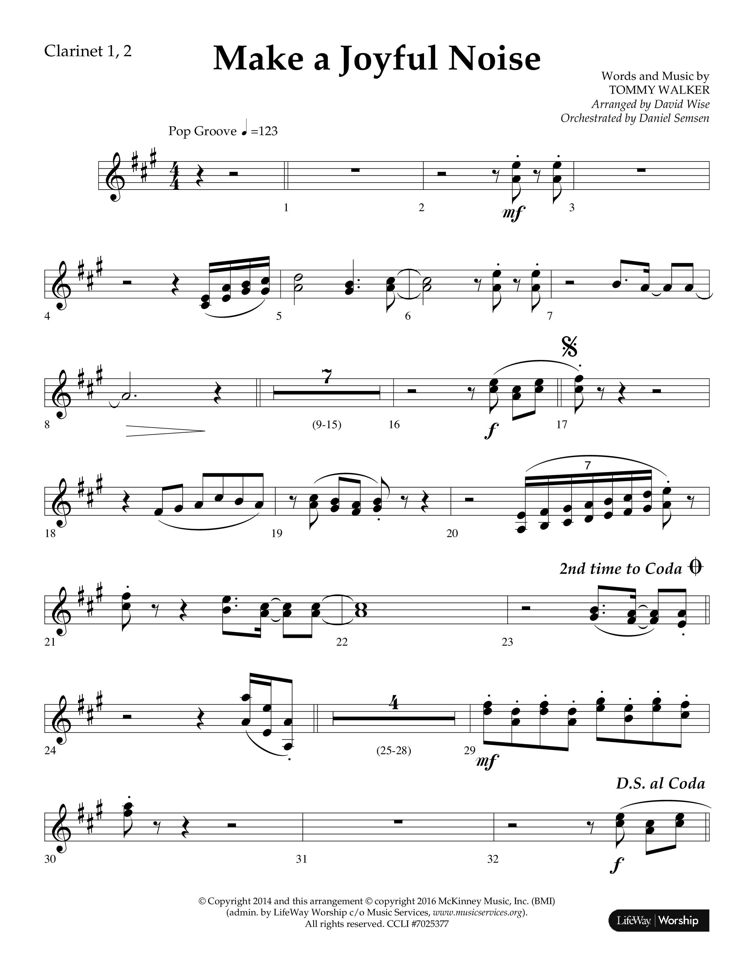 Make A Joyful Noise (Choral Anthem SATB) Clarinet 1/2 (Lifeway Choral / Arr. David Wise / Orch. Daniel Semsen)
