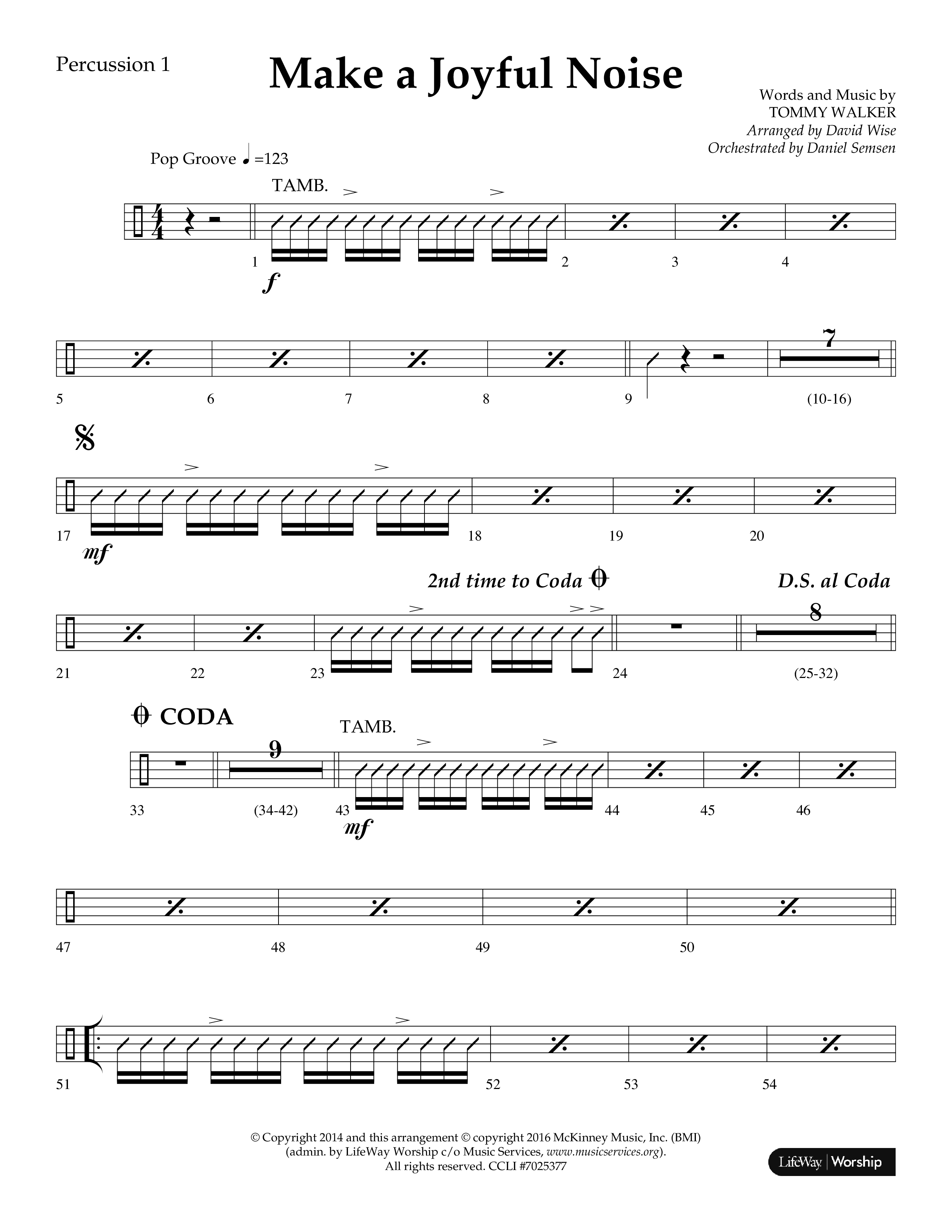 Make A Joyful Noise (Choral Anthem SATB) Percussion 1/2 (Lifeway Choral / Arr. David Wise / Orch. Daniel Semsen)