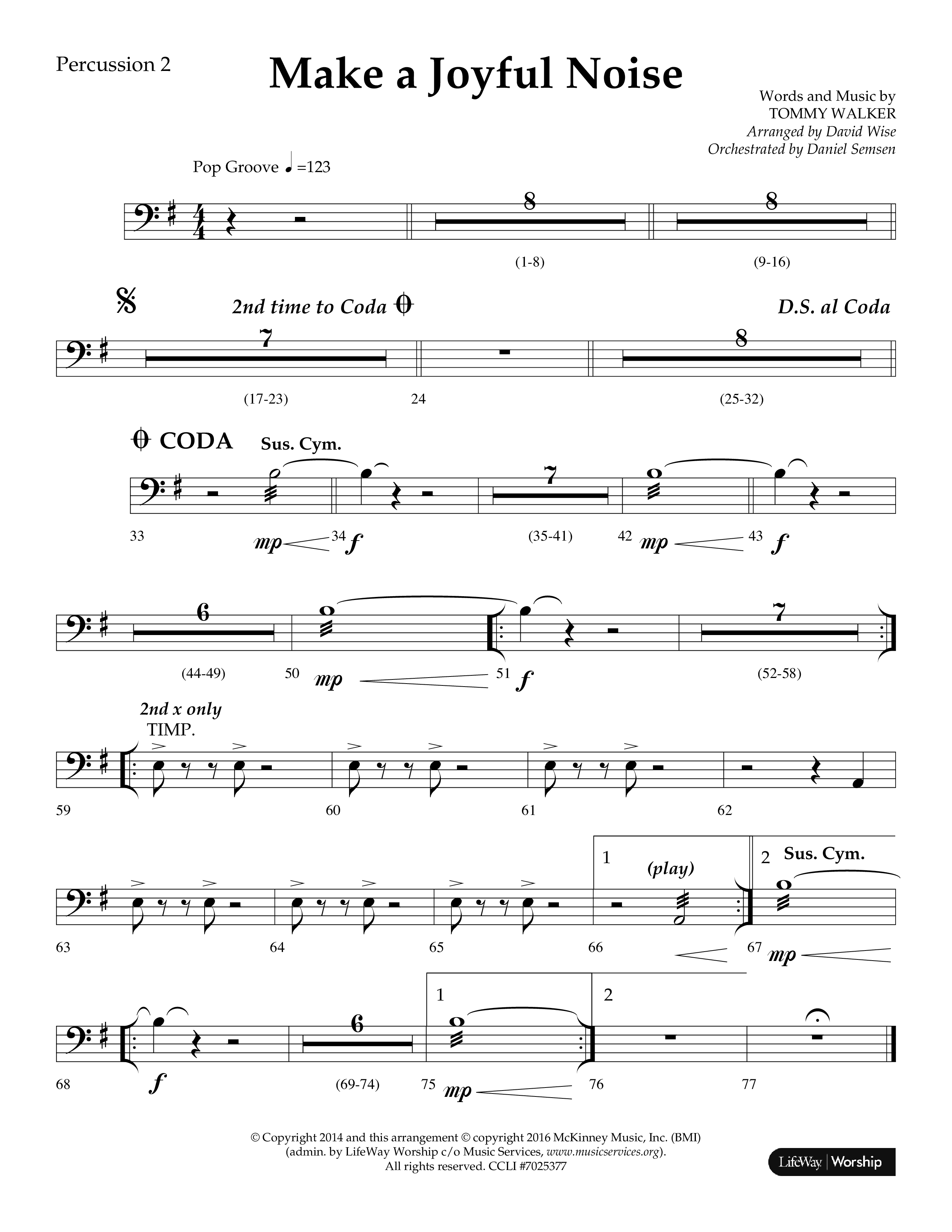 Make A Joyful Noise (Choral Anthem SATB) Percussion 1/2 (Lifeway Choral / Arr. David Wise / Orch. Daniel Semsen)