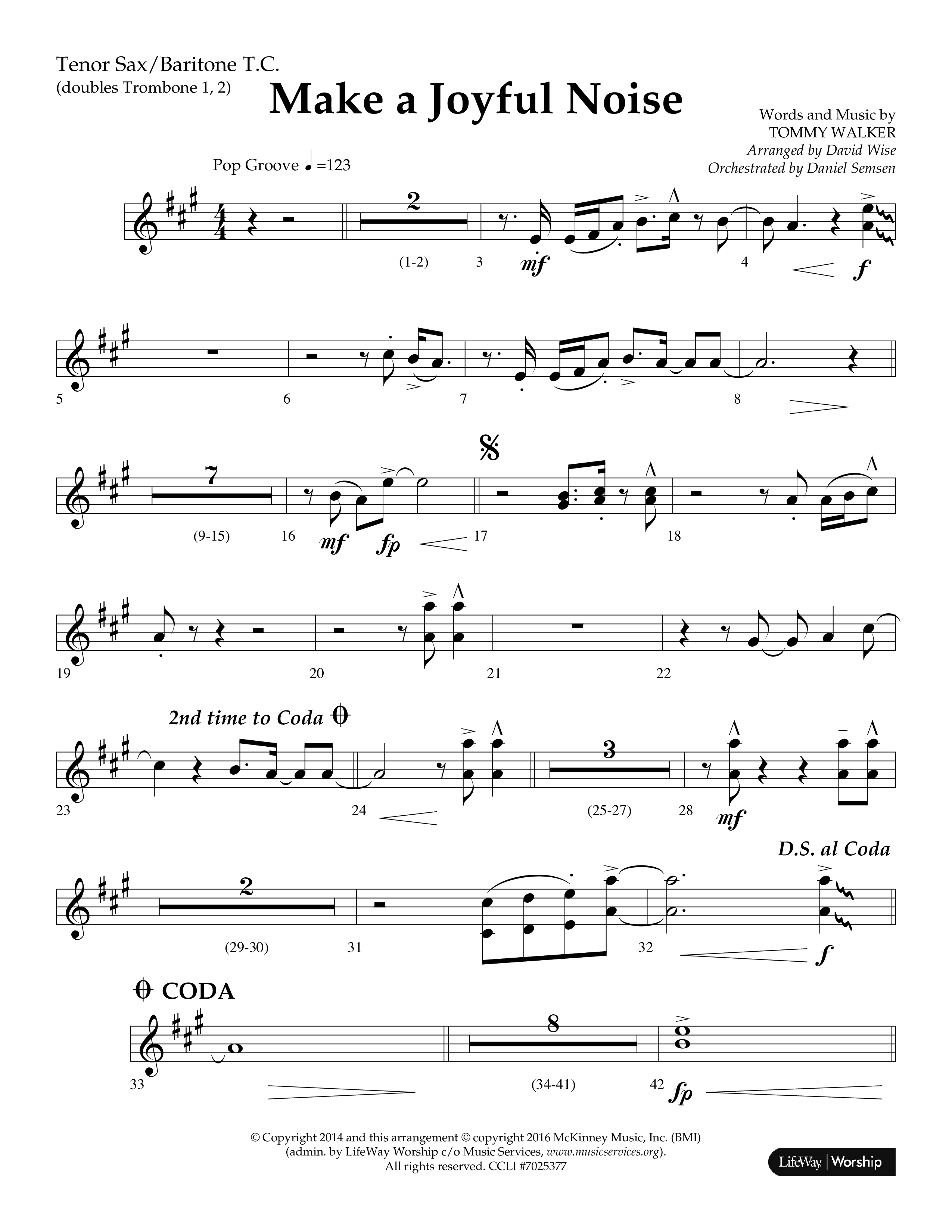 Make A Joyful Noise (Choral Anthem SATB) Tenor Sax/Baritone T.C. (Lifeway Choral / Arr. David Wise / Orch. Daniel Semsen)