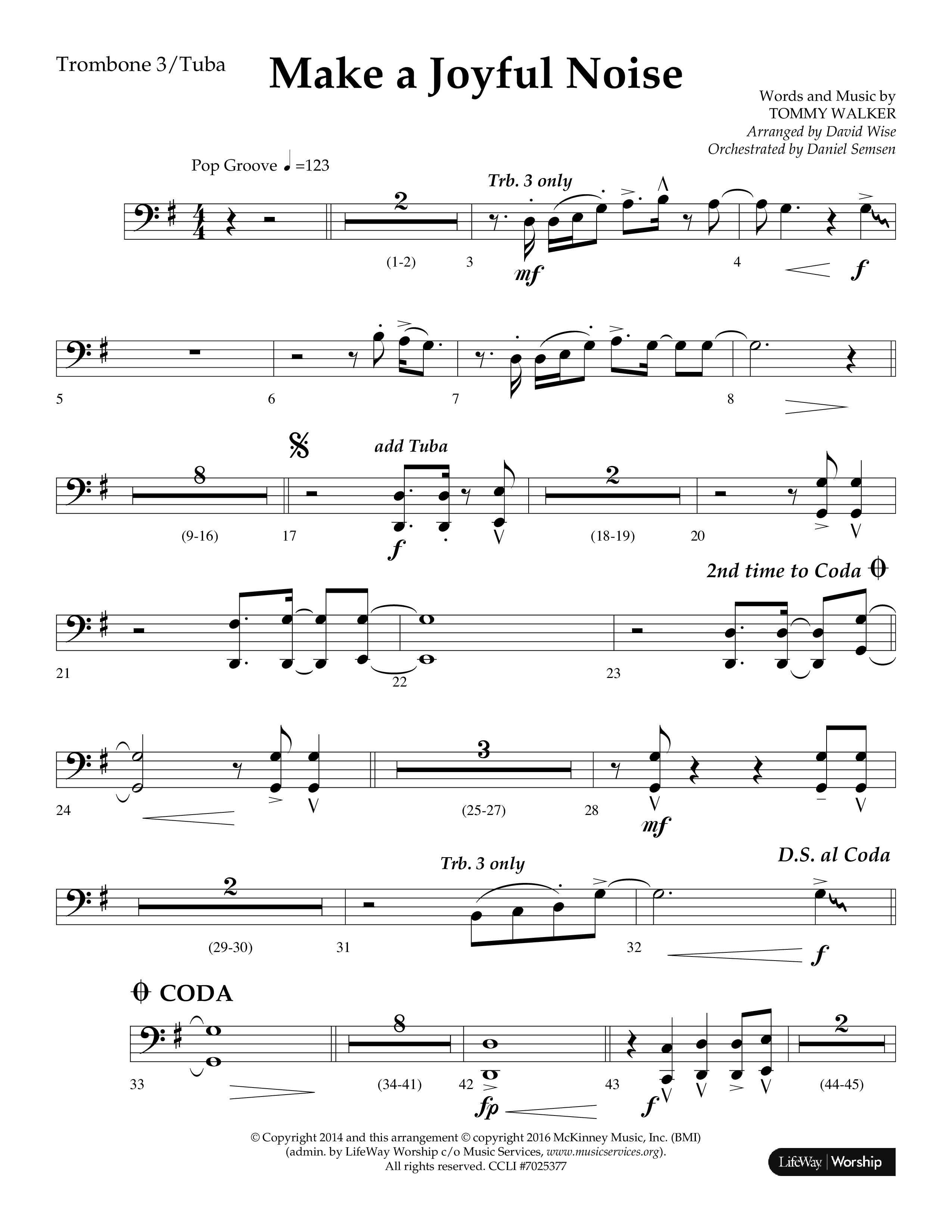 Make A Joyful Noise (Choral Anthem SATB) Trombone 3/Tuba (Lifeway Choral / Arr. David Wise / Orch. Daniel Semsen)