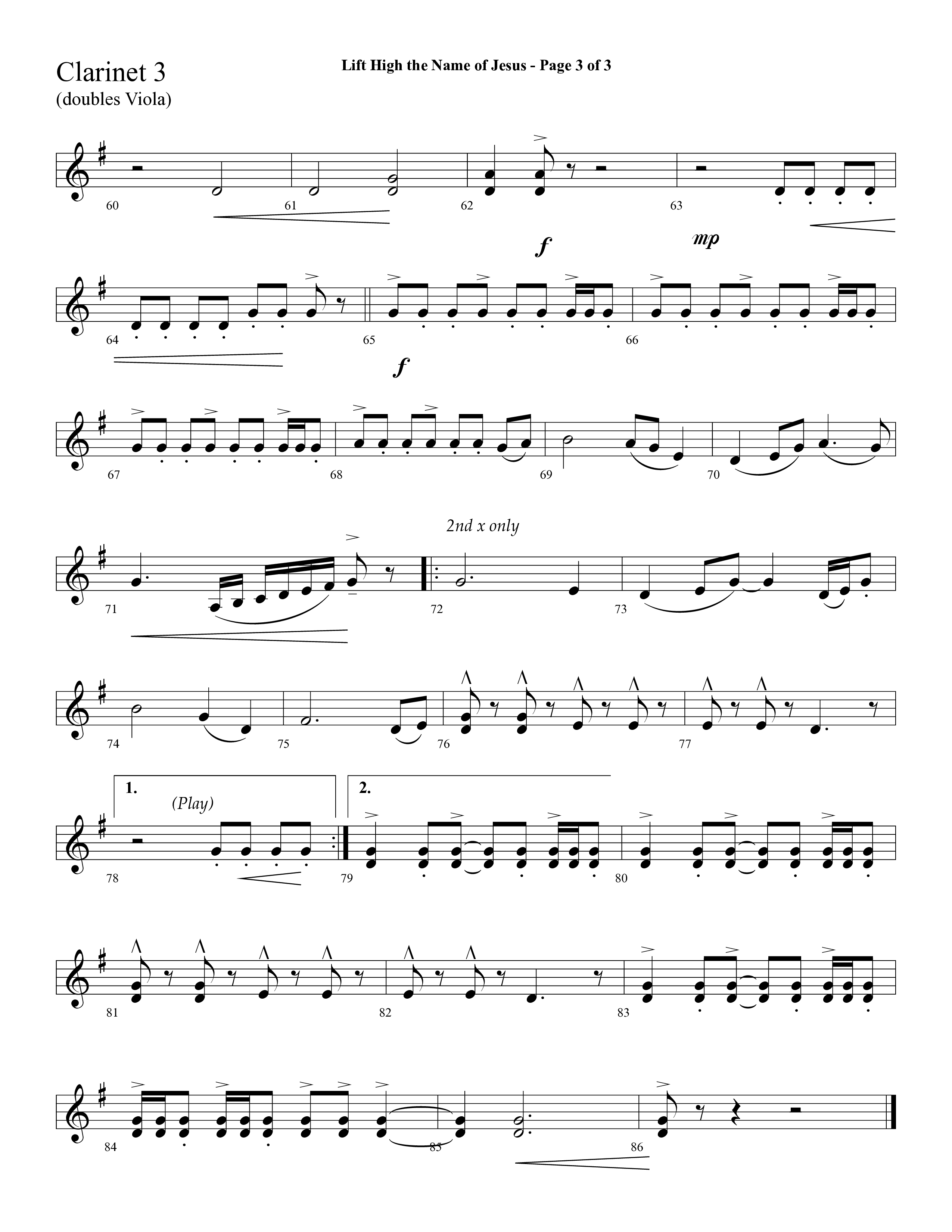Lift High The Name Of Jesus (Choral Anthem SATB) Clarinet 3 (Lifeway Choral / Arr. David Hamilton)