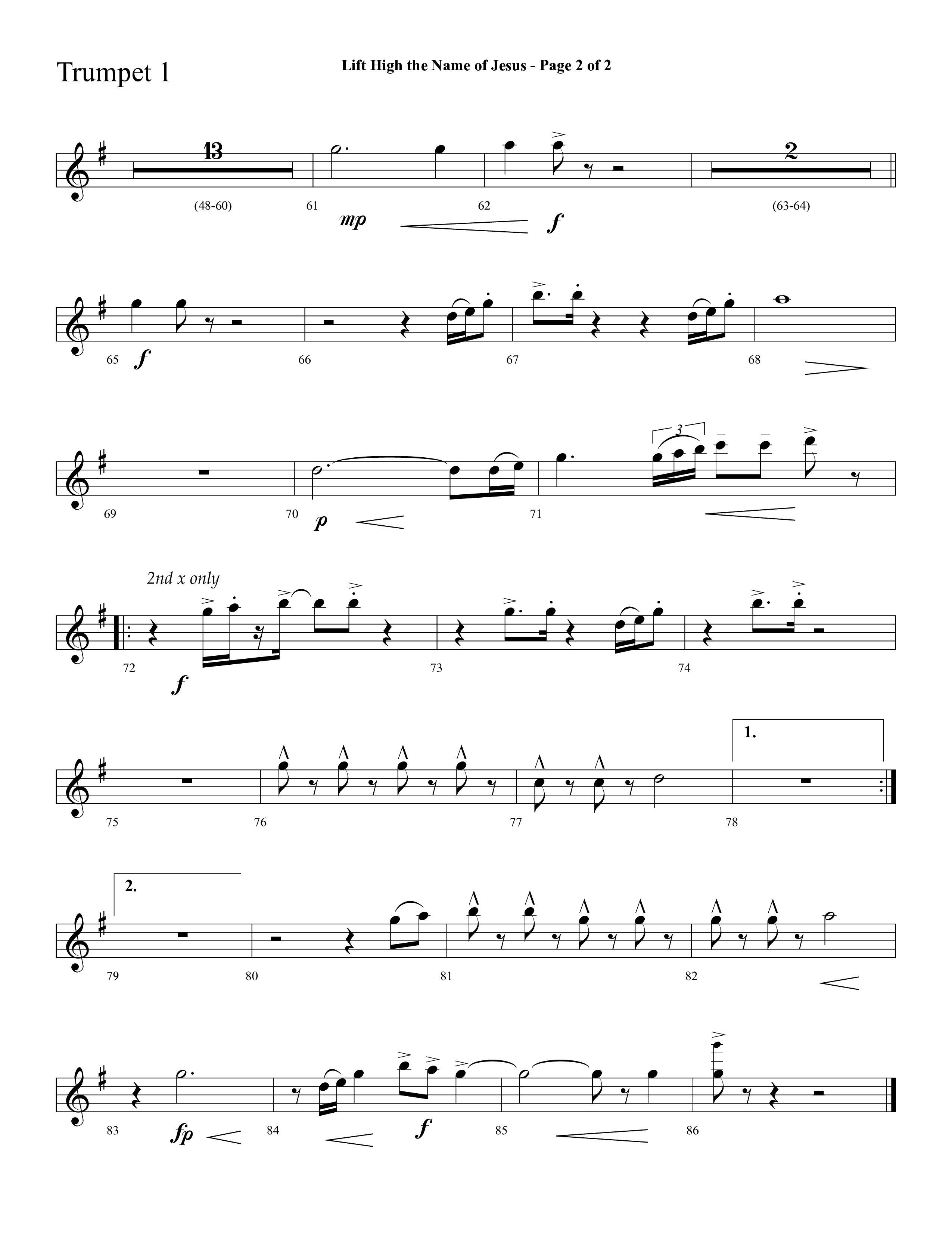 Lift High The Name Of Jesus (Choral Anthem SATB) Trumpet 1 (Lifeway Choral / Arr. David Hamilton)