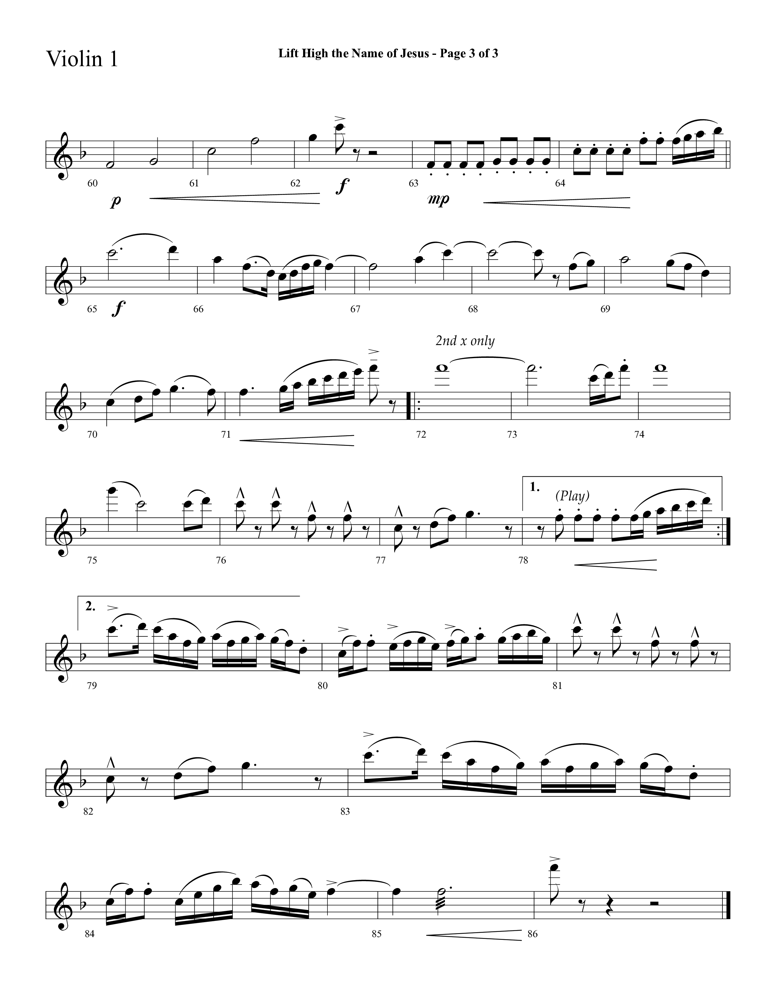 Lift High The Name Of Jesus (Choral Anthem SATB) Violin 1 (Lifeway Choral / Arr. David Hamilton)