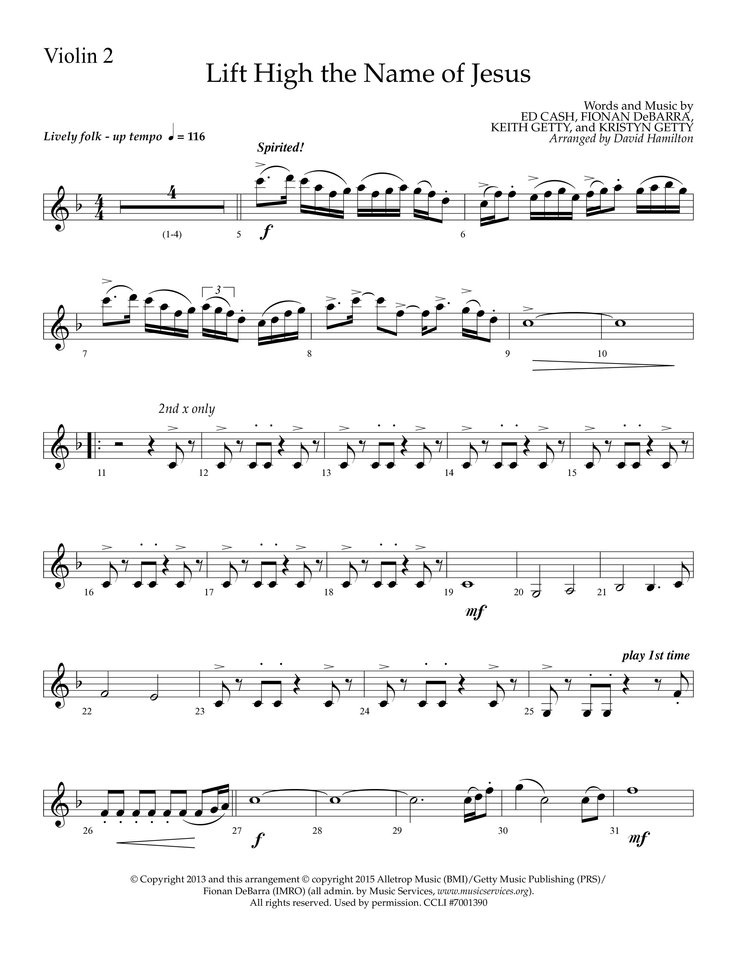 Lift High The Name Of Jesus (Choral Anthem SATB) Violin 2 (Lifeway Choral / Arr. David Hamilton)