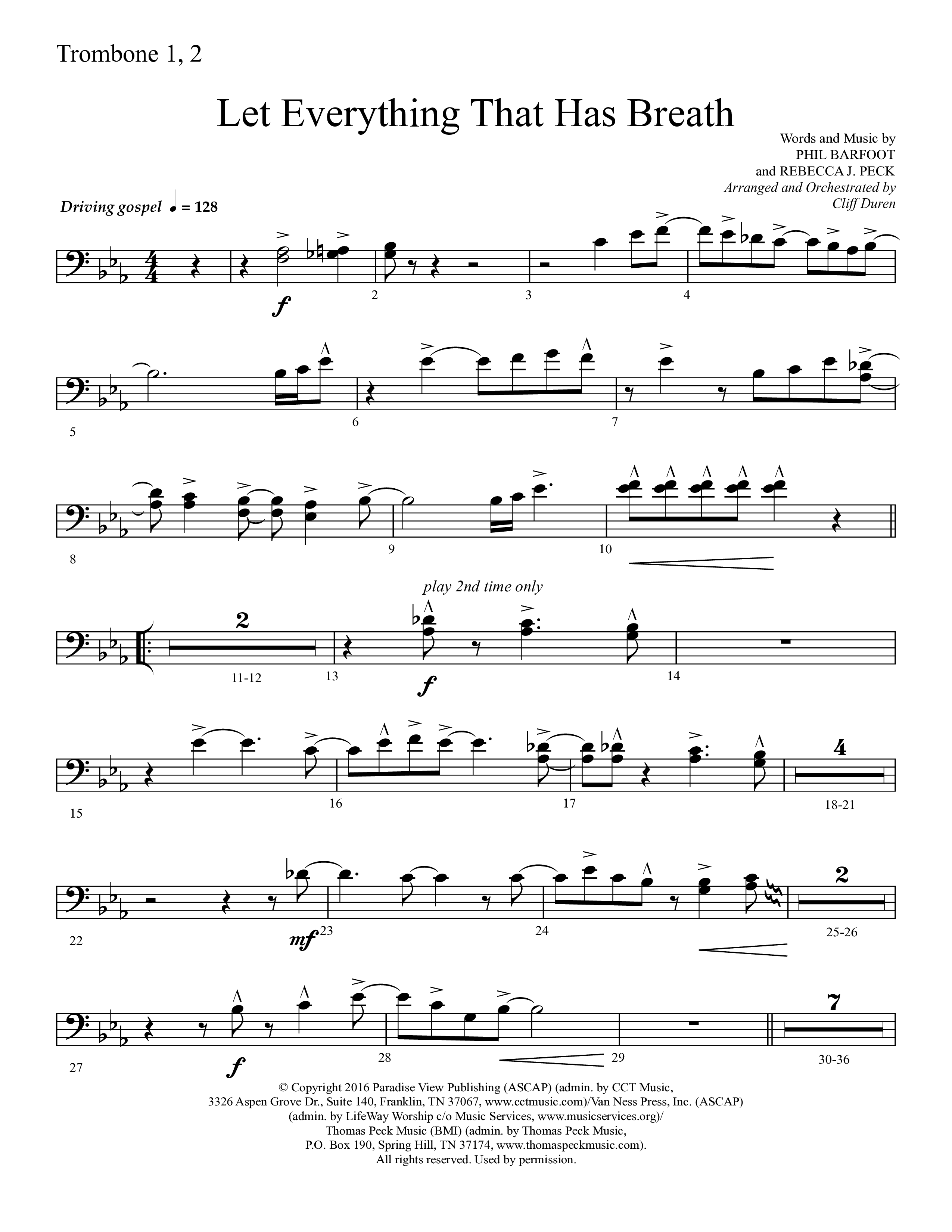 Let Everything That Has Breath (Choral Anthem SATB) Trombone 1/2 (Lifeway Choral / Arr. Cliff Duren)