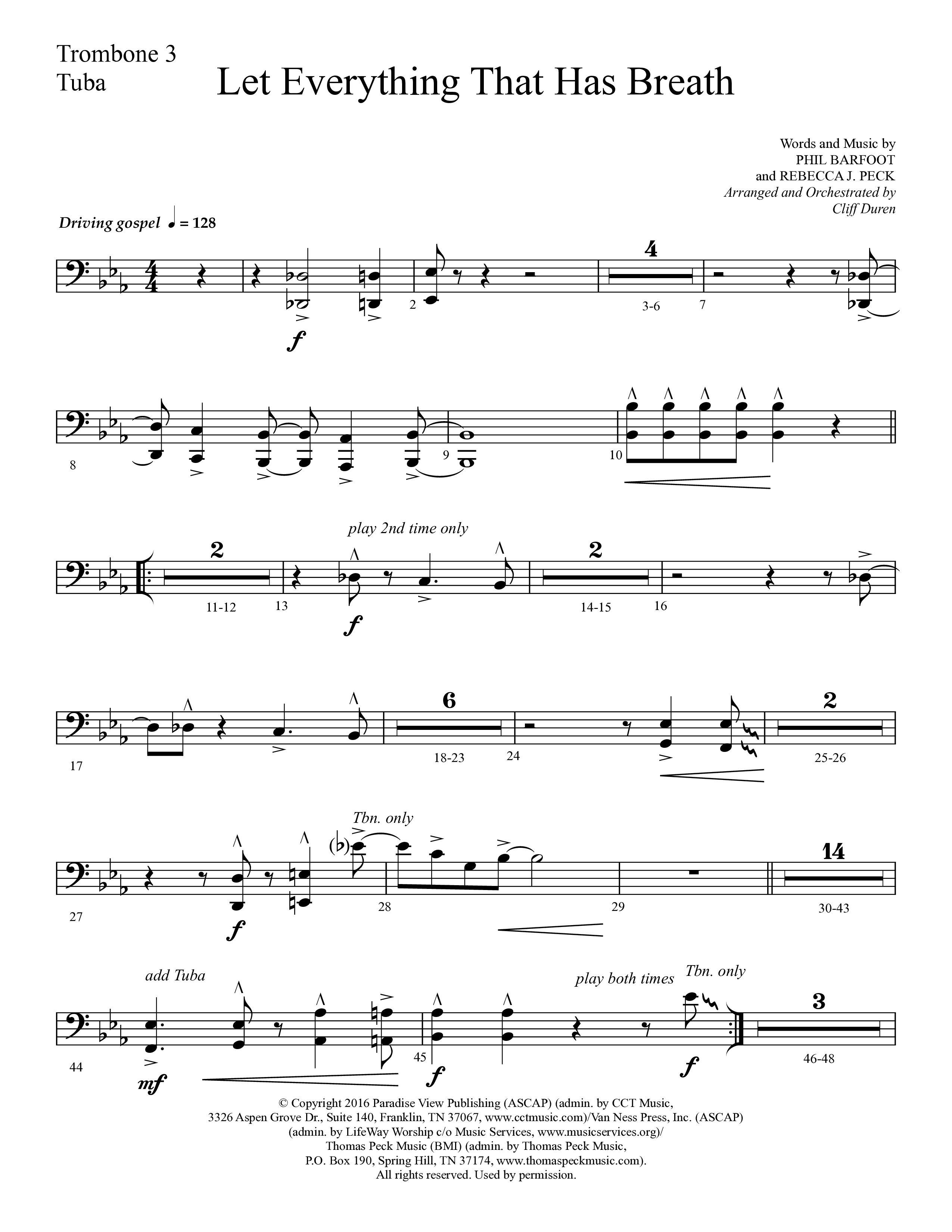 Let Everything That Has Breath (Choral Anthem SATB) Trombone 3/Tuba (Lifeway Choral / Arr. Cliff Duren)