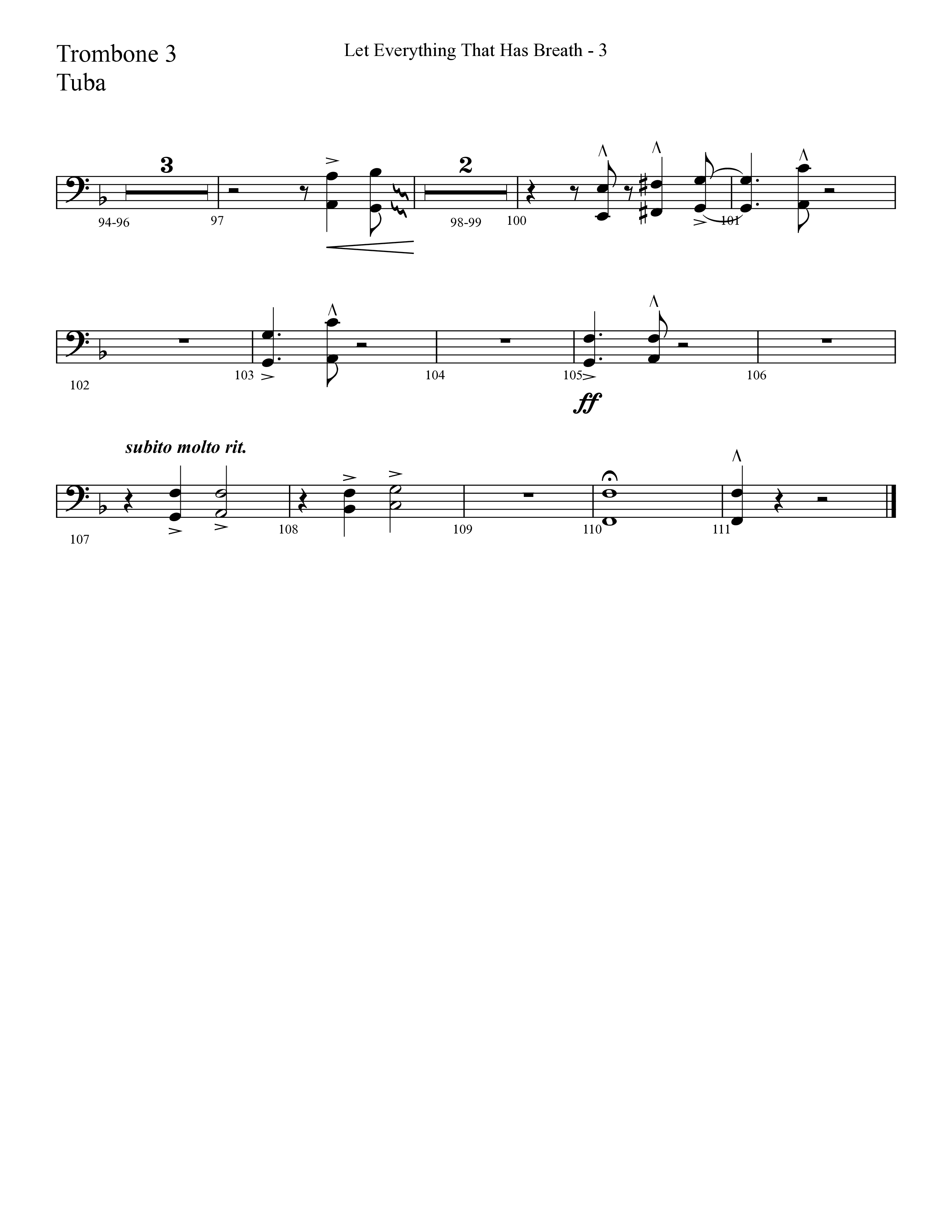 Let Everything That Has Breath (Choral Anthem SATB) Trombone 3/Tuba (Lifeway Choral / Arr. Cliff Duren)