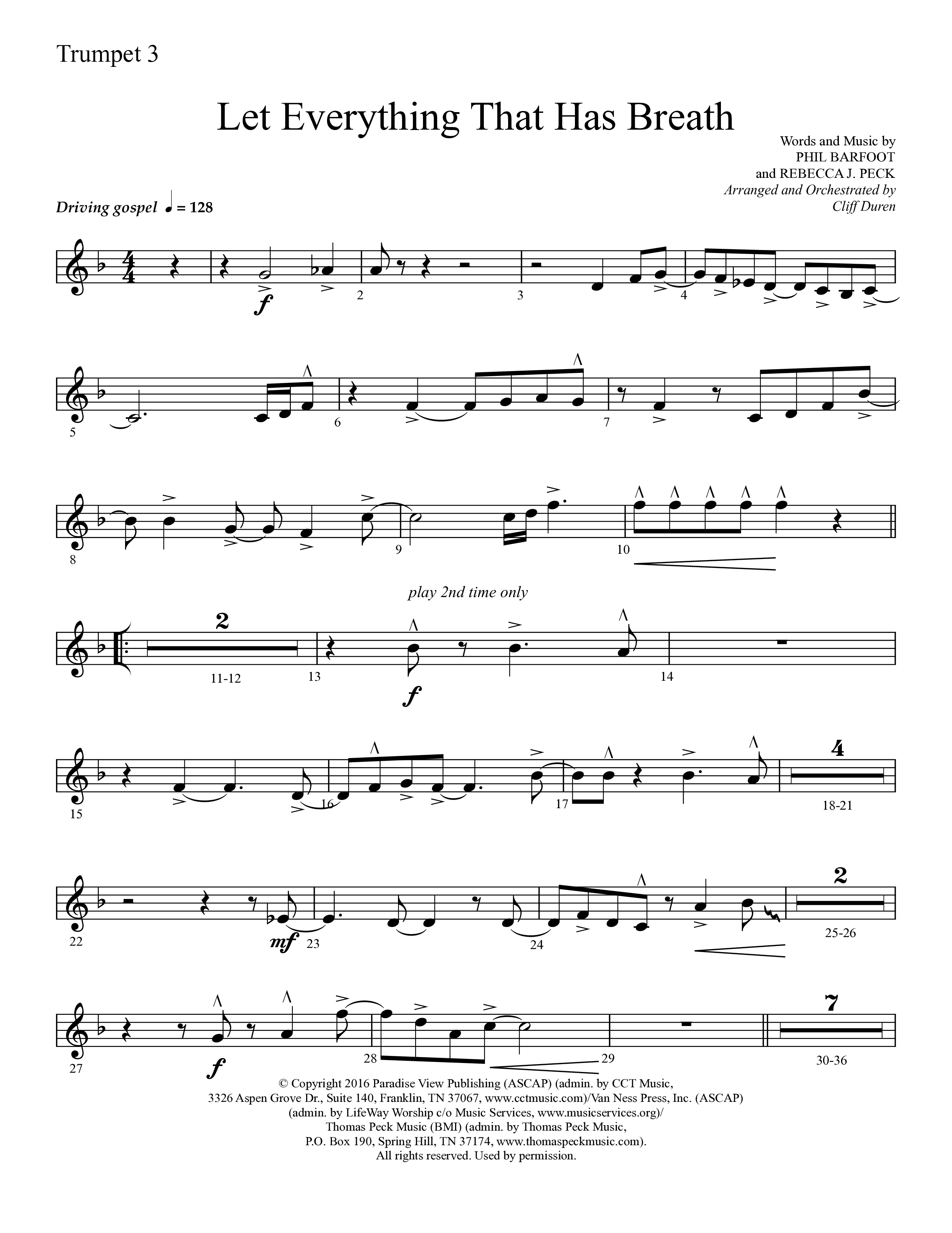 Let Everything That Has Breath (Choral Anthem SATB) Trumpet 3 (Lifeway Choral / Arr. Cliff Duren)