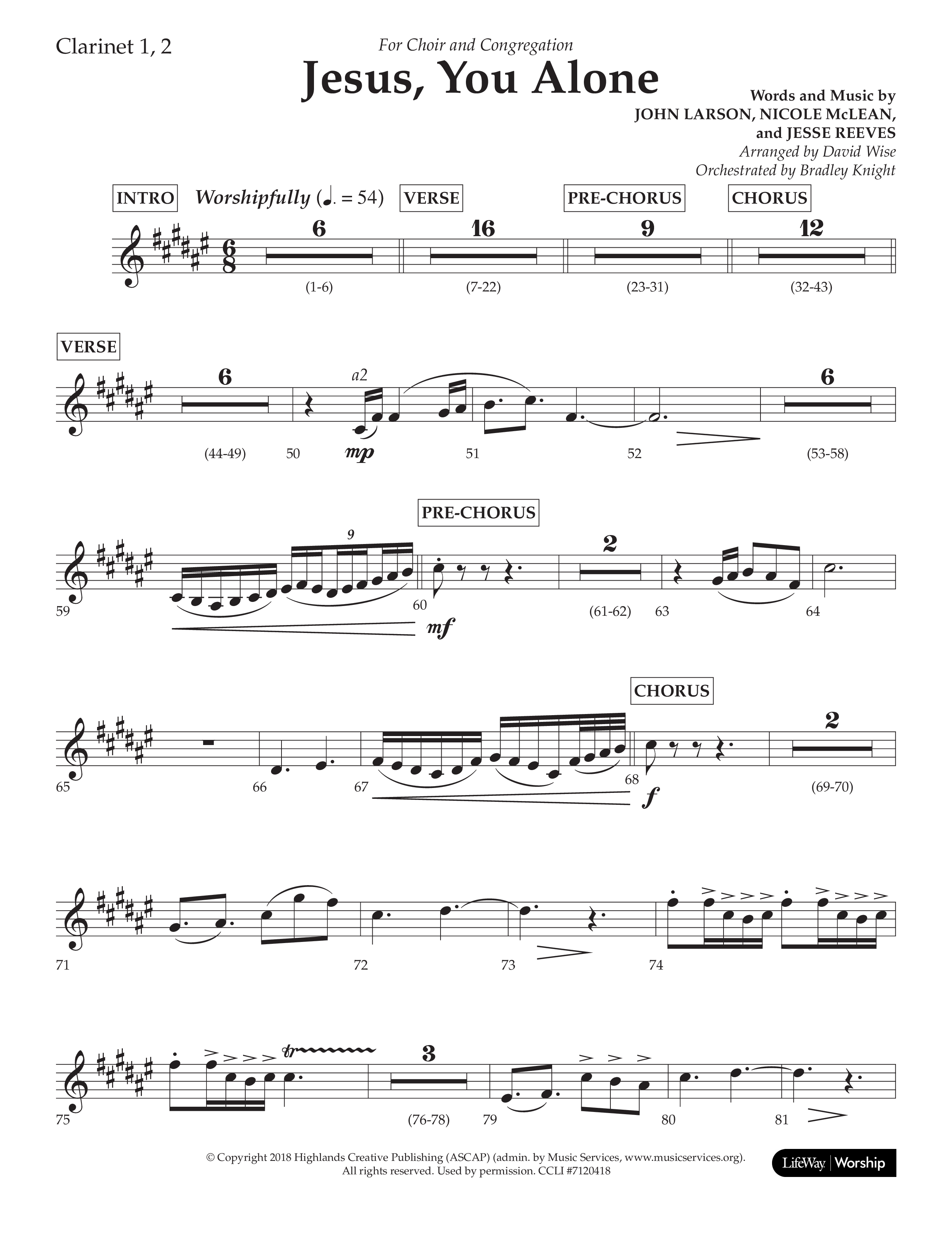 Jesus You Alone (Choral Anthem SATB) Clarinet 1/2 (Lifeway Choral / Arr. David Wise / Orch. Bradley Knight)