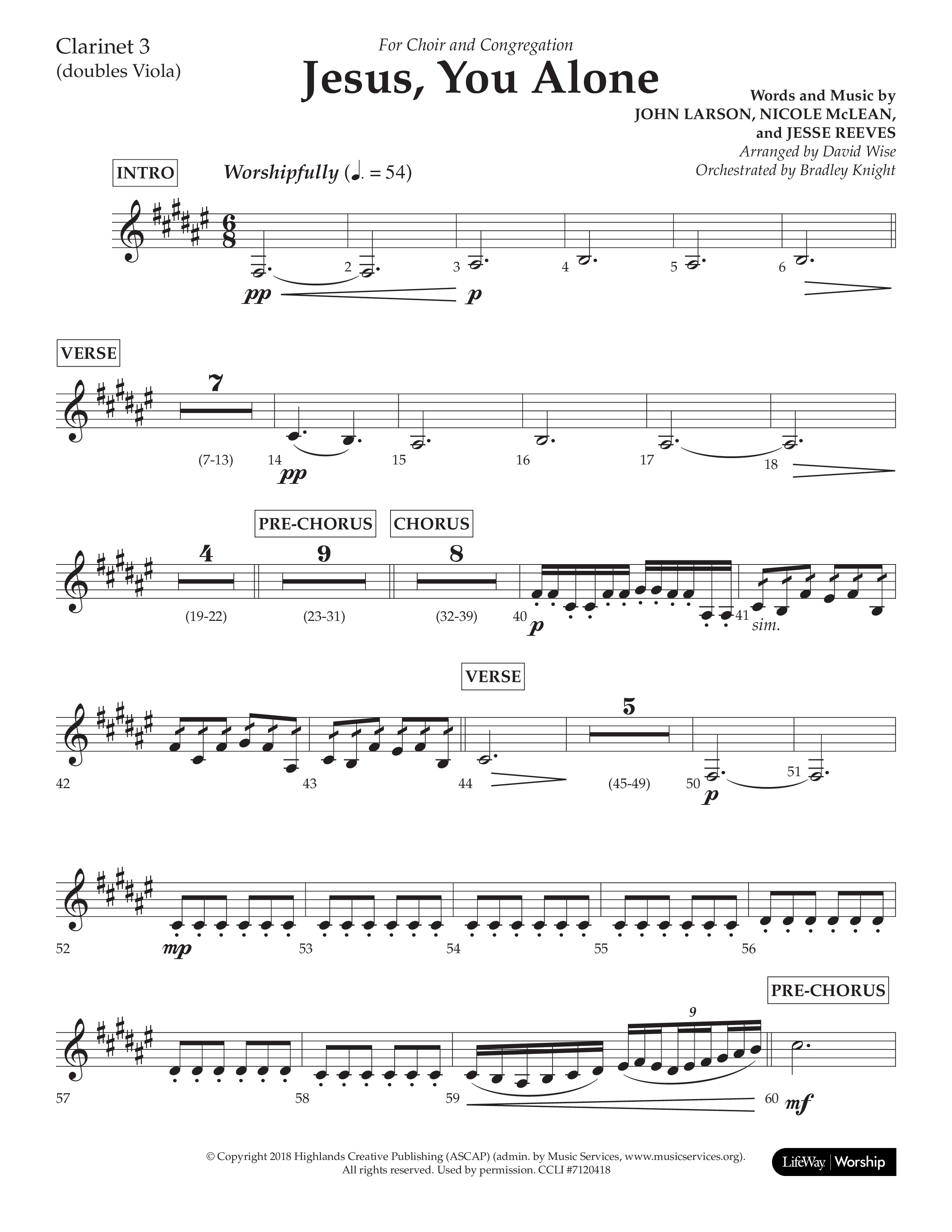 Jesus You Alone (Choral Anthem SATB) Clarinet 3 (Lifeway Choral / Arr. David Wise / Orch. Bradley Knight)