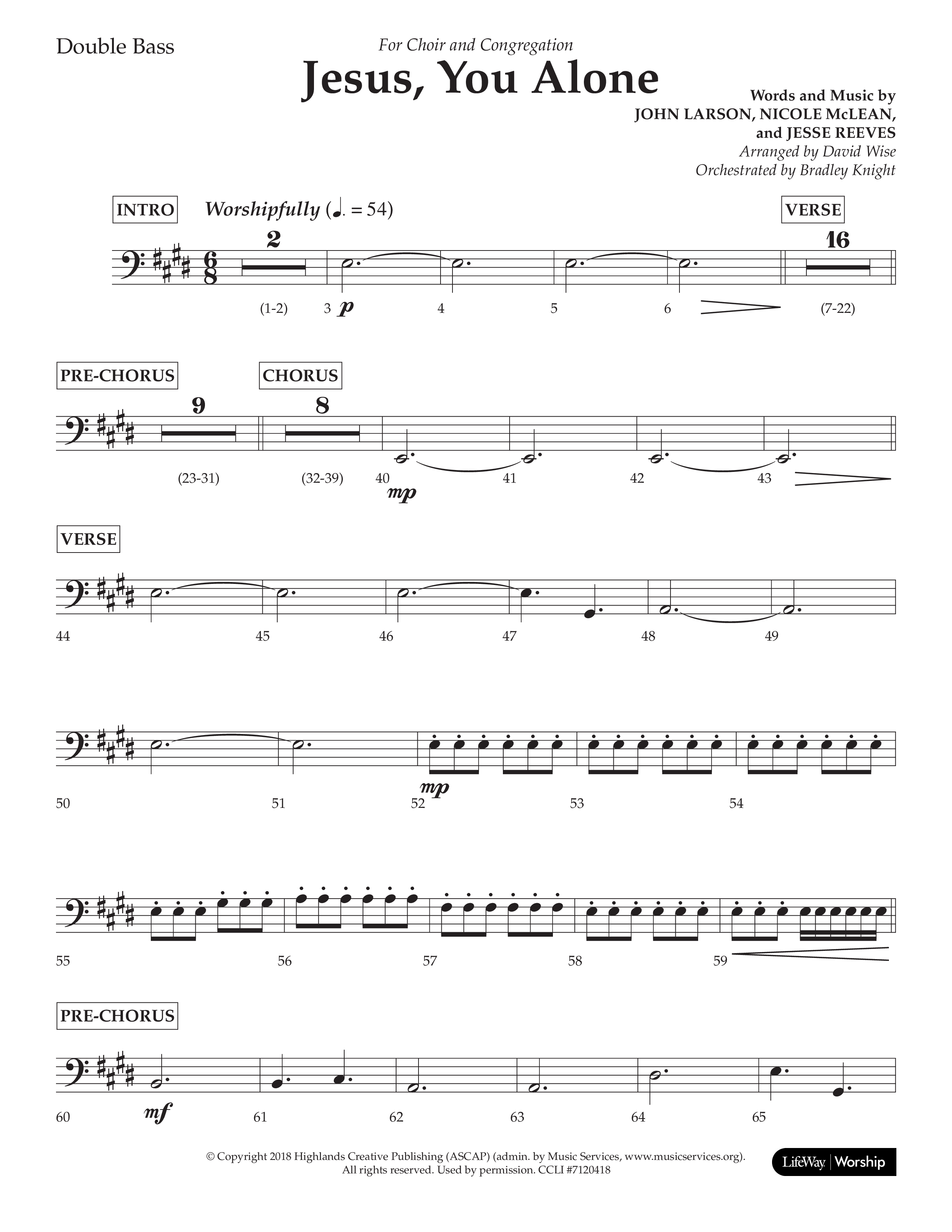 Jesus You Alone (Choral Anthem SATB) Double Bass (Lifeway Choral / Arr. David Wise / Orch. Bradley Knight)