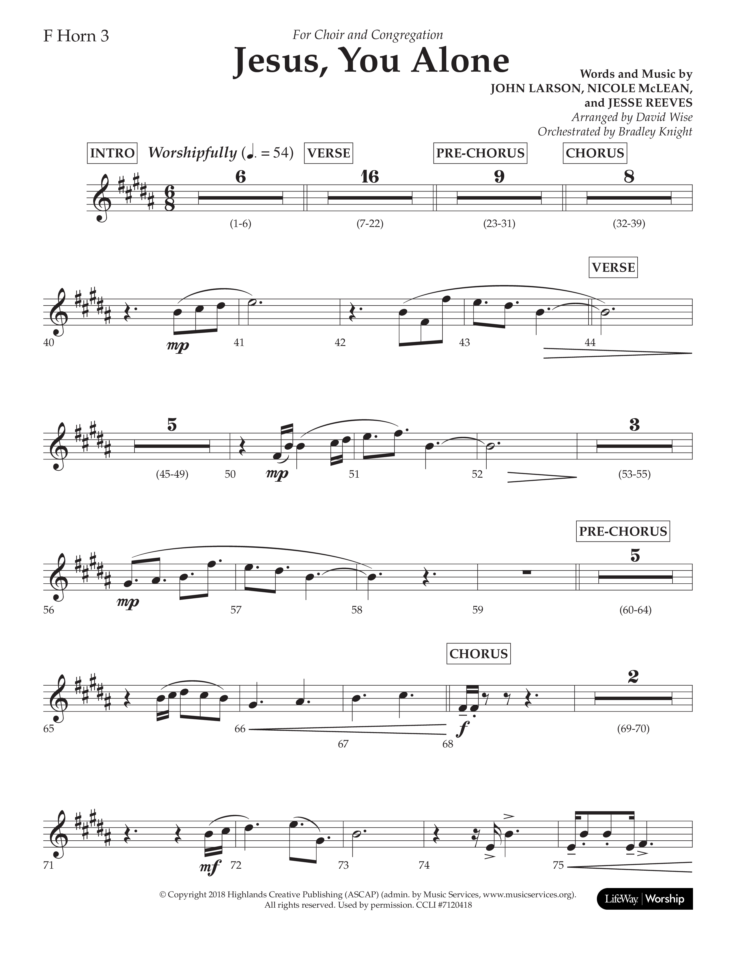 Jesus You Alone (Choral Anthem SATB) French Horn 3 (Lifeway Choral / Arr. David Wise / Orch. Bradley Knight)