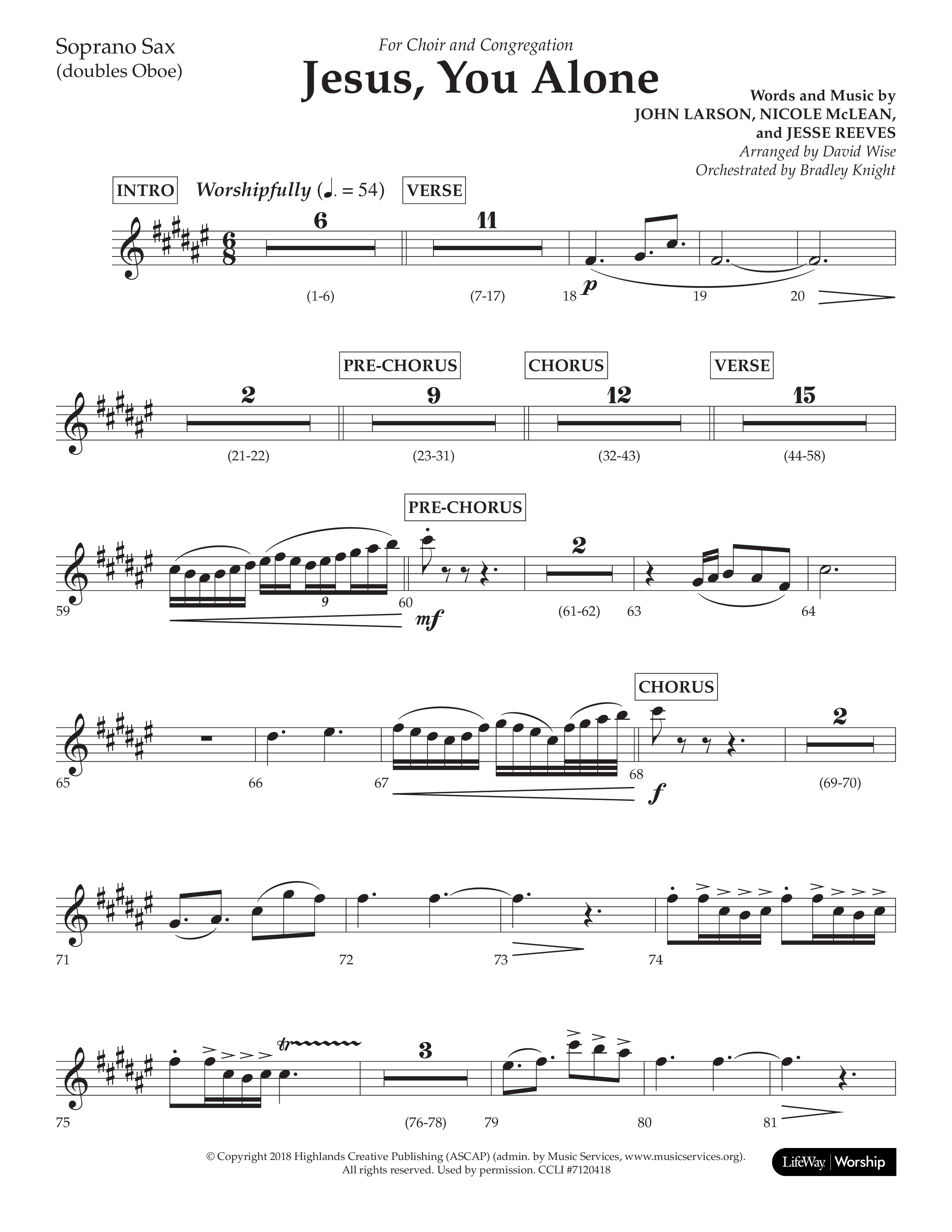 Jesus You Alone (Choral Anthem SATB) Soprano Sax (Lifeway Choral / Arr. David Wise / Orch. Bradley Knight)