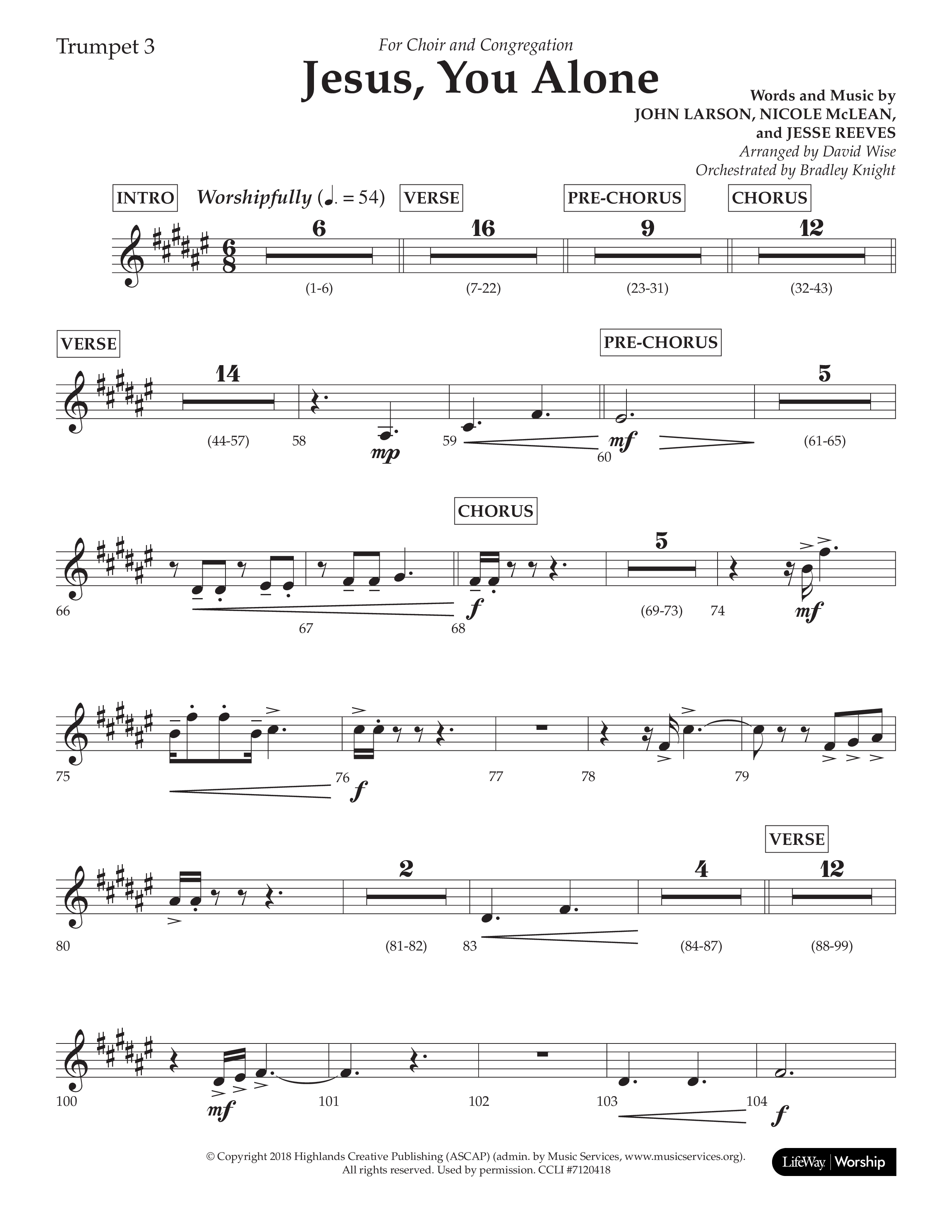 Jesus You Alone (Choral Anthem SATB) Trumpet 3 (Lifeway Choral / Arr. David Wise / Orch. Bradley Knight)