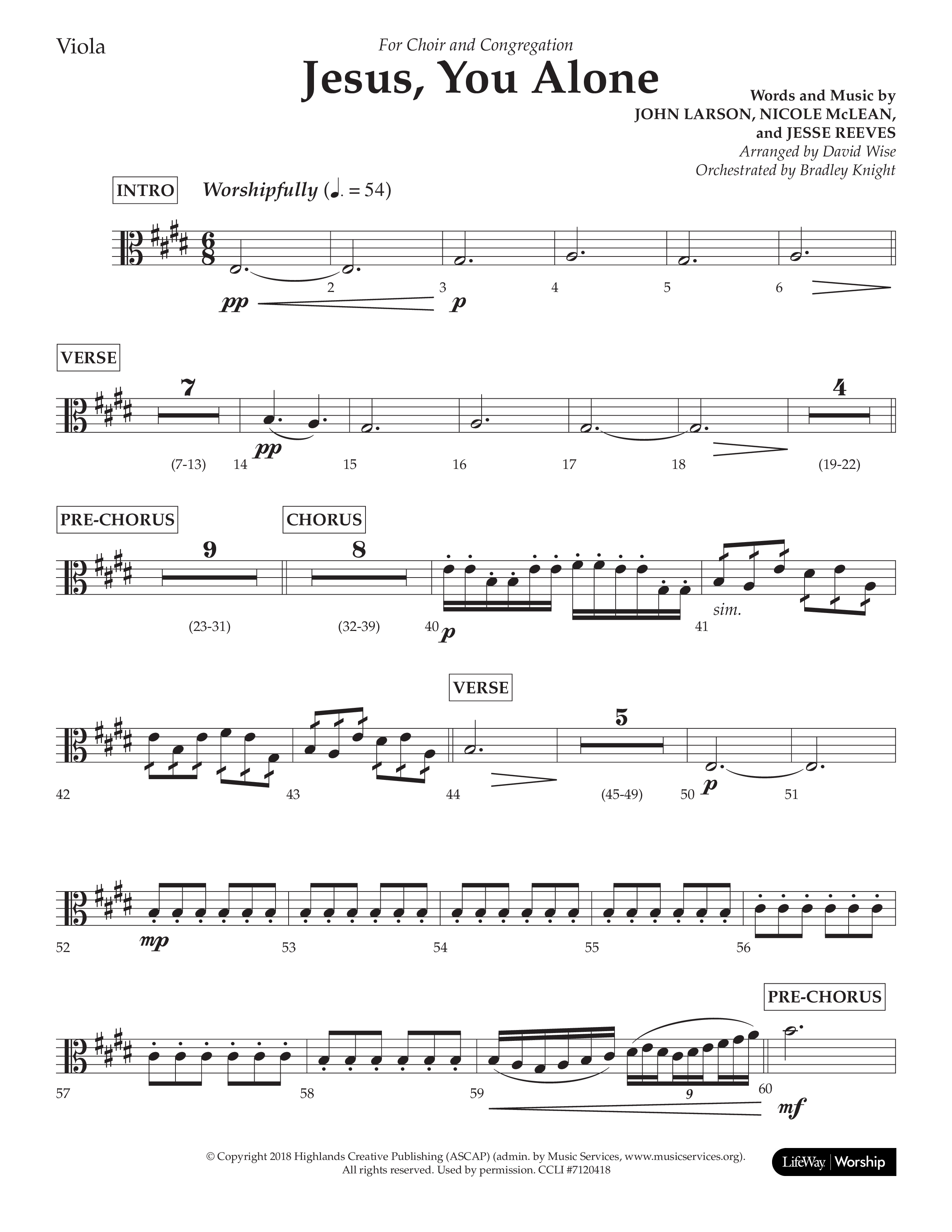 Jesus You Alone (Choral Anthem SATB) Viola (Lifeway Choral / Arr. David Wise / Orch. Bradley Knight)
