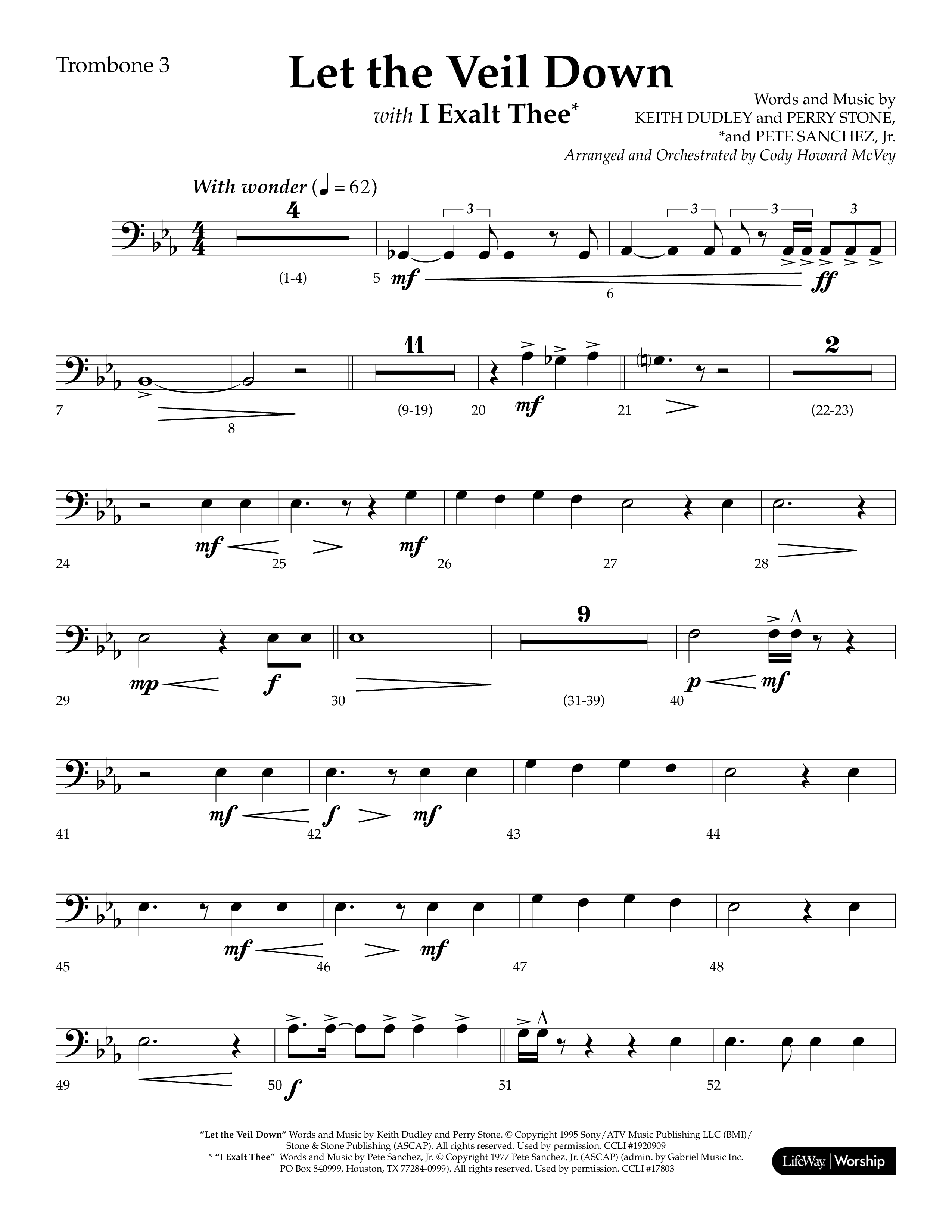 Let The Veil Down with I Exalt Thee (Choral Anthem SATB) Trombone 3 (Lifeway Choral / Arr. Cody McVey)