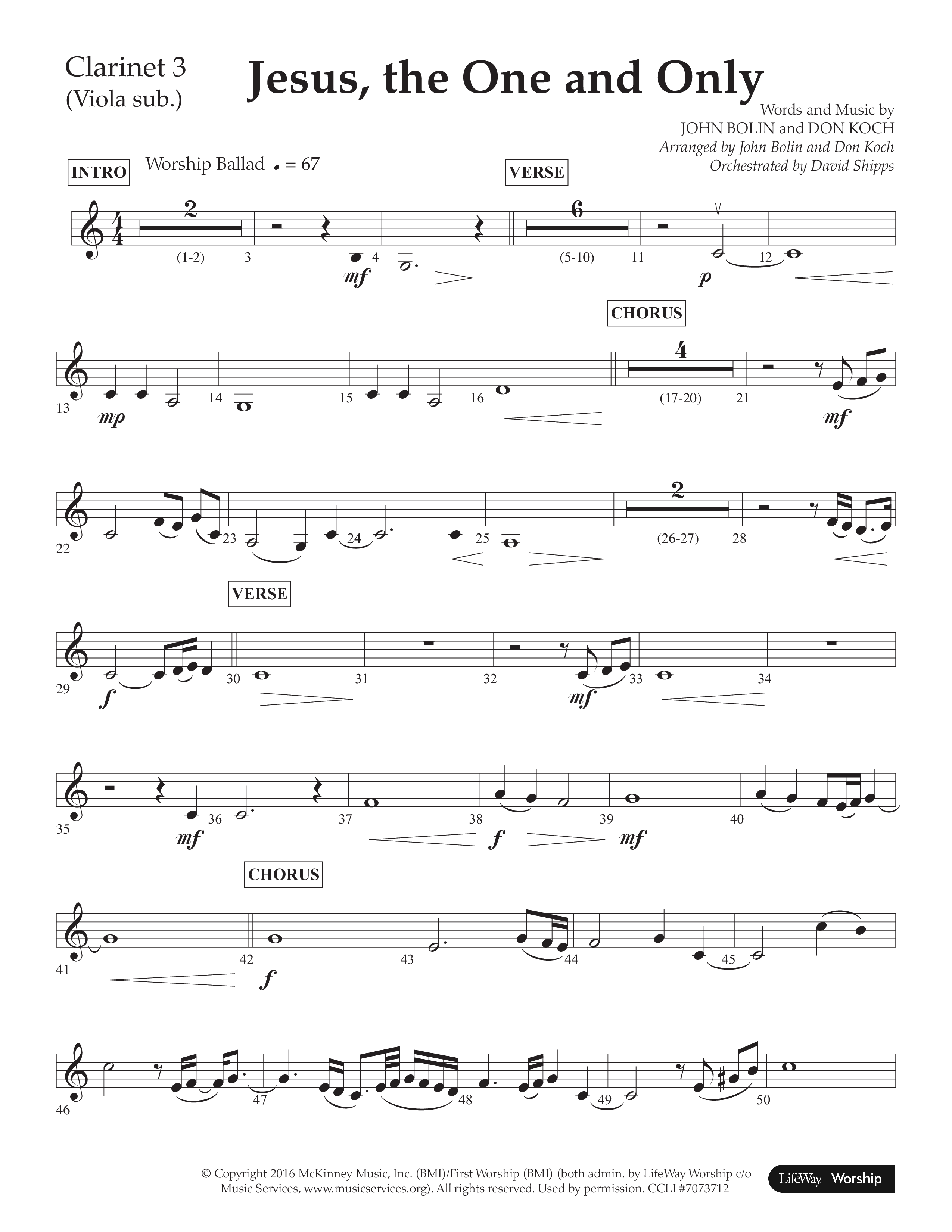 Jesus The One And Only (Choral Anthem SATB) Clarinet 3 (Lifeway Choral / Arr. John Bolin / Arr. Don Koch / Orch. David Shipps)