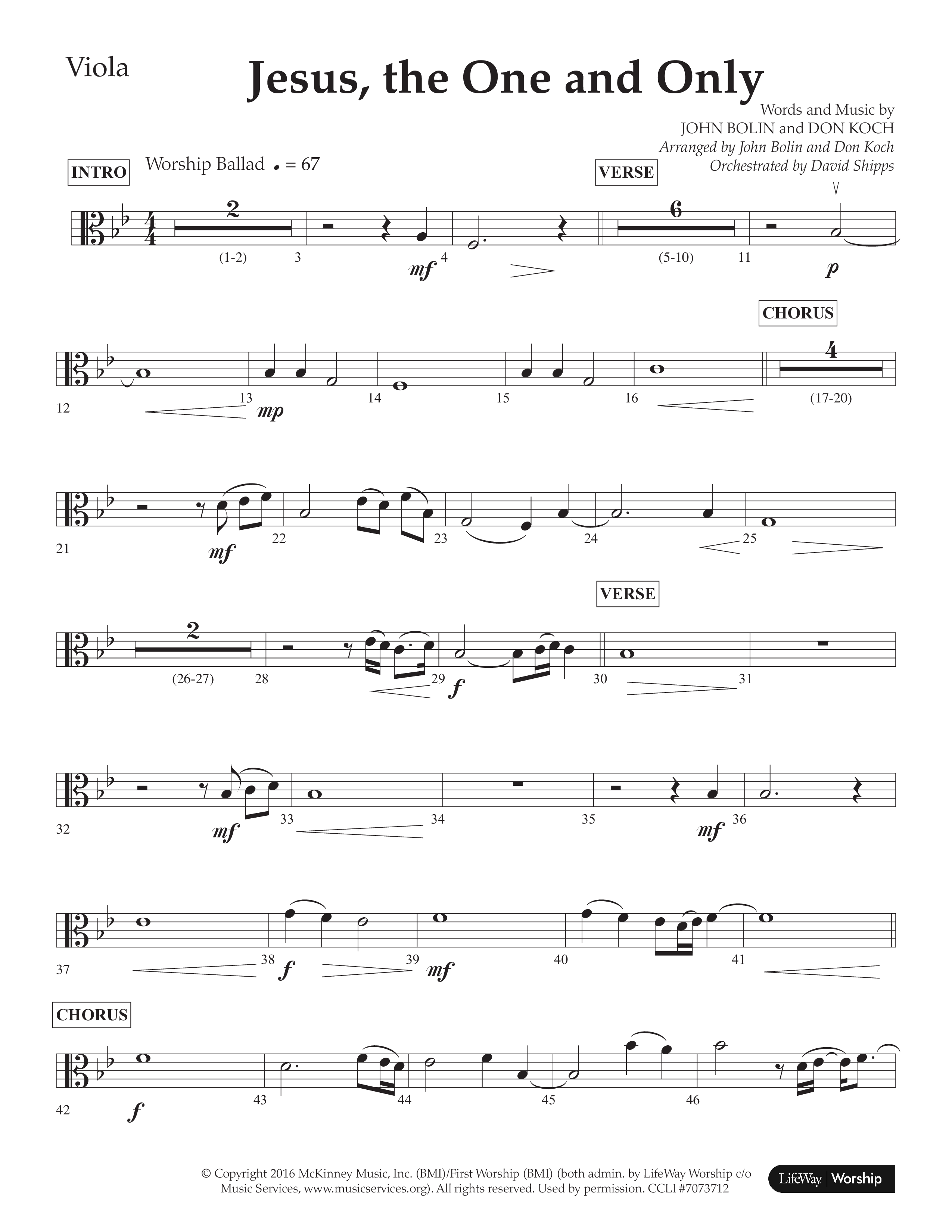 Jesus The One And Only (Choral Anthem SATB) Viola (Lifeway Choral / Arr. John Bolin / Arr. Don Koch / Orch. David Shipps)