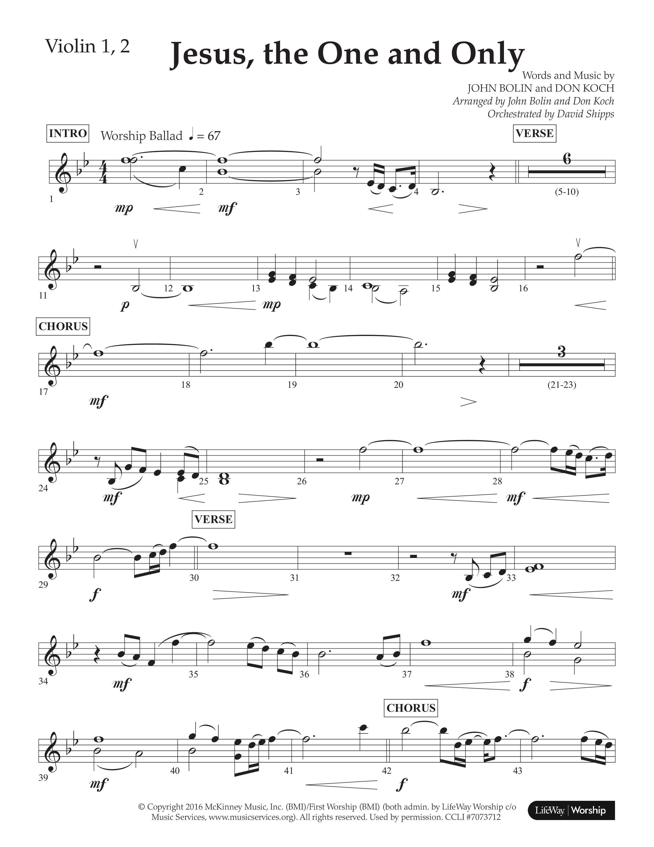 Jesus The One And Only (Choral Anthem SATB) Violin 1/2 (Lifeway Choral / Arr. John Bolin / Arr. Don Koch / Orch. David Shipps)