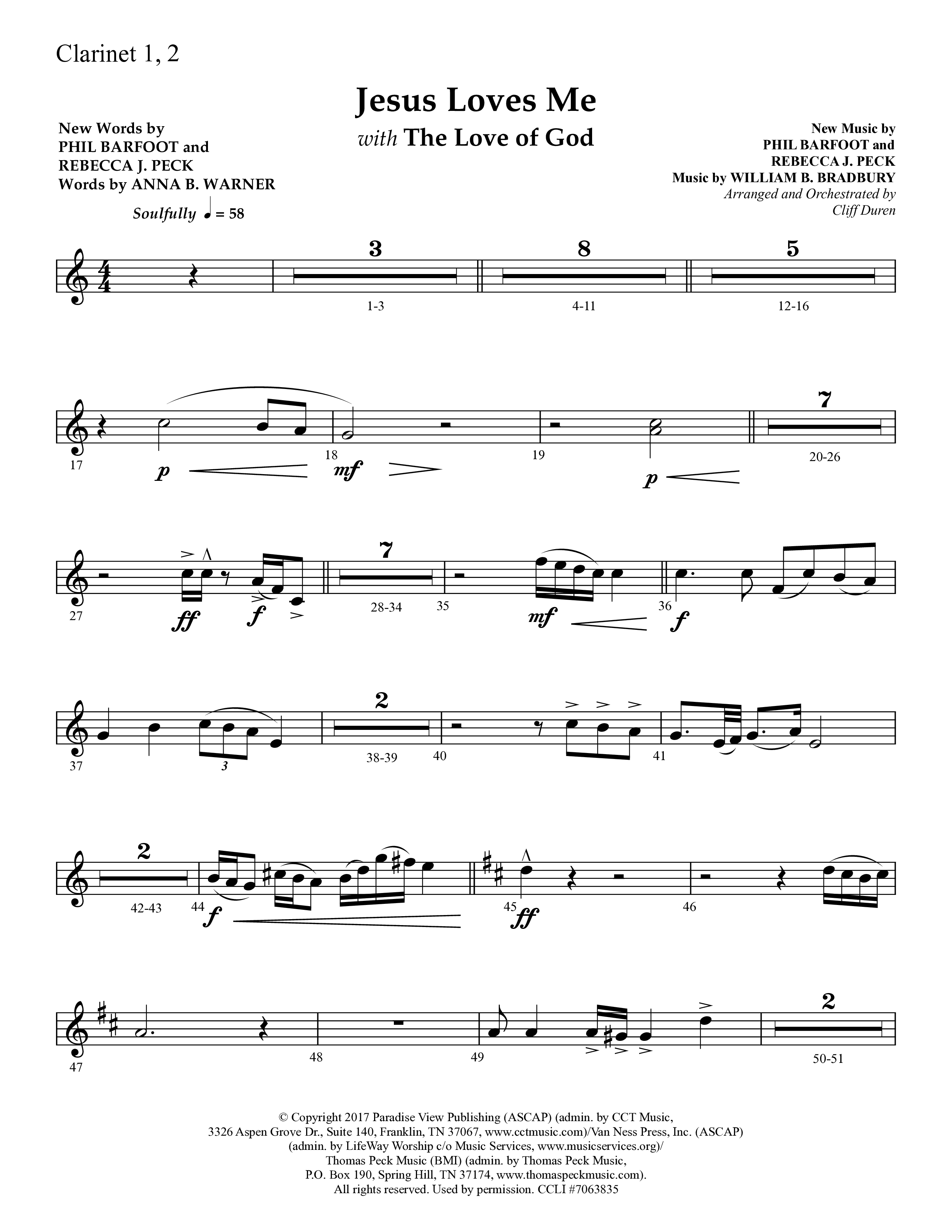 Jesus Loves Me with The Love Of God (Choral Anthem SATB) Clarinet 1/2 (Lifeway Choral / Arr. Cliff Duren)