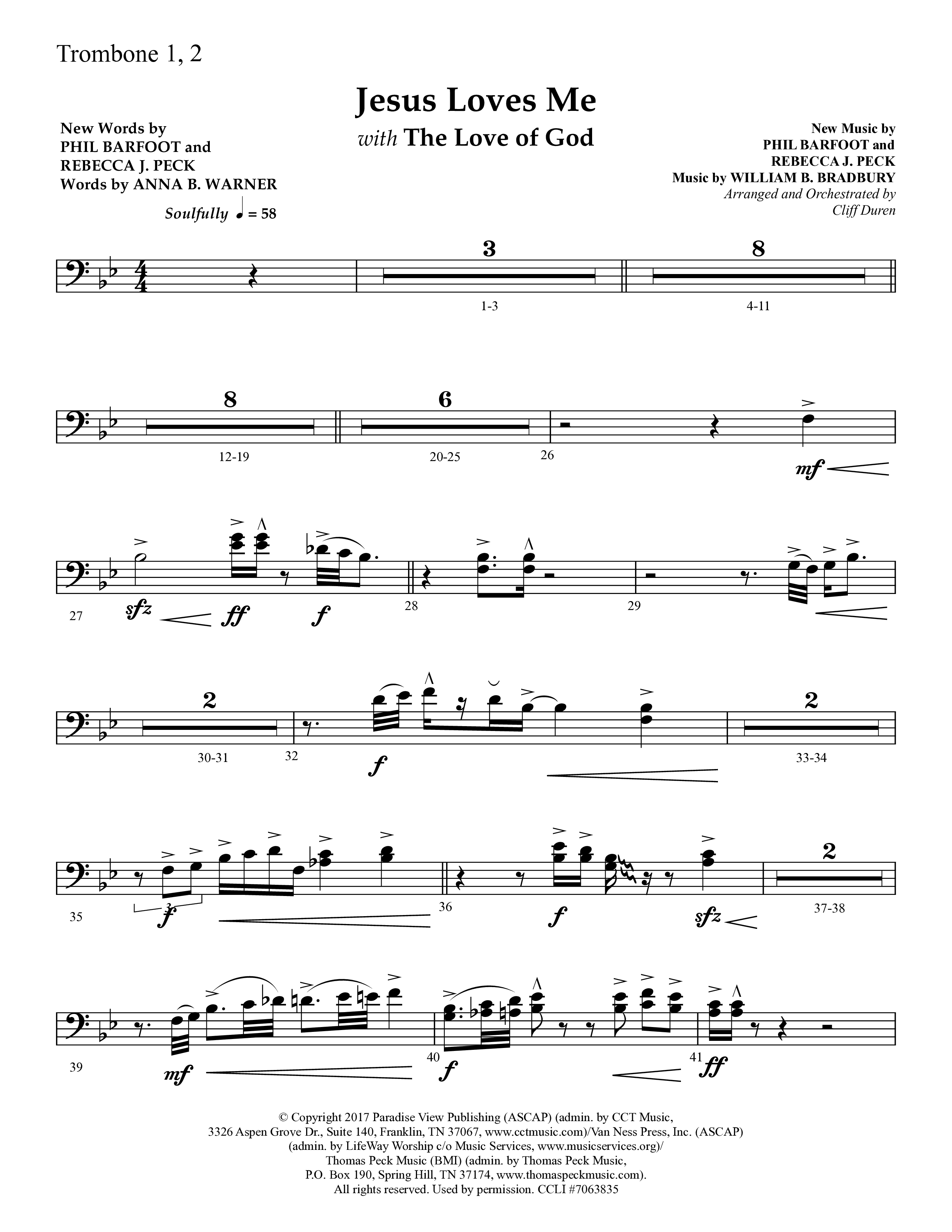 Jesus Loves Me with The Love Of God (Choral Anthem SATB) Trombone 1/2 (Lifeway Choral / Arr. Cliff Duren)