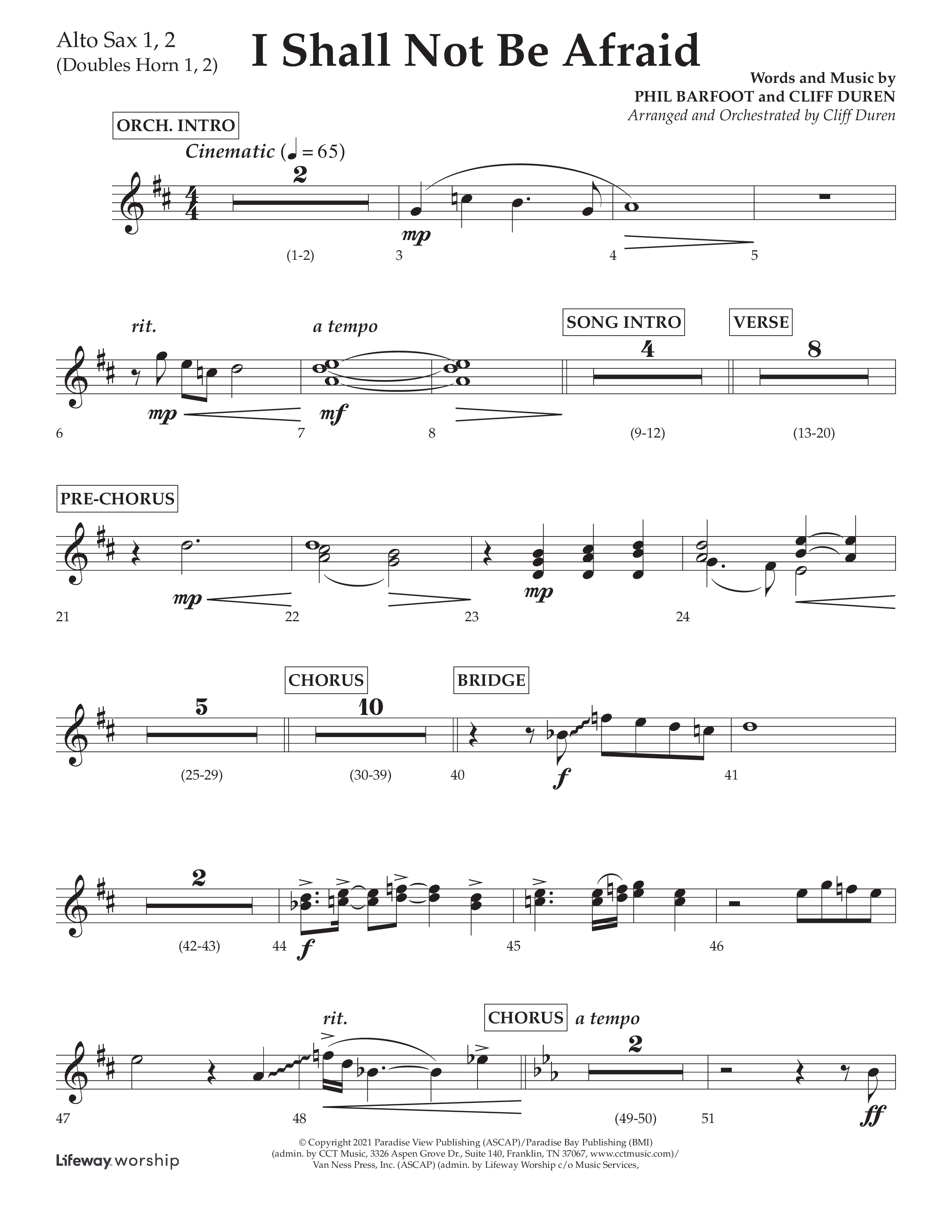 I Shall Not Be Afraid (Choral Anthem SATB) Alto Sax 1/2 (Lifeway Choral / Arr. Cliff Duren)