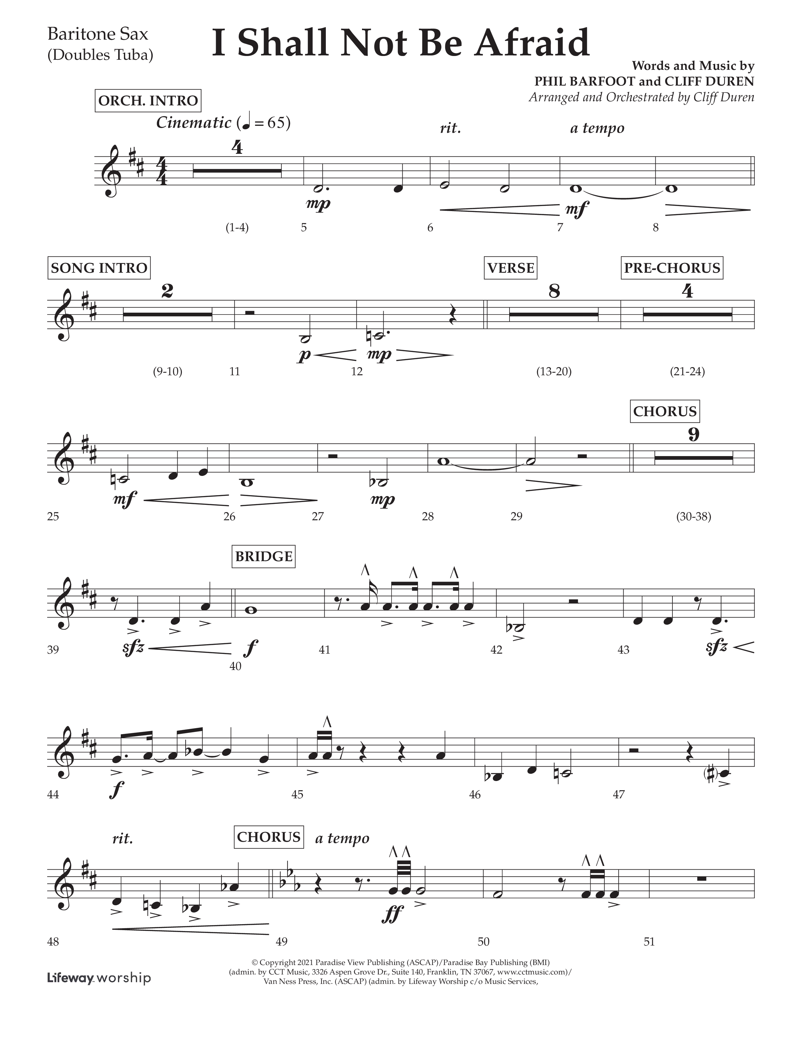 I Shall Not Be Afraid (Choral Anthem SATB) Bari Sax (Lifeway Choral / Arr. Cliff Duren)