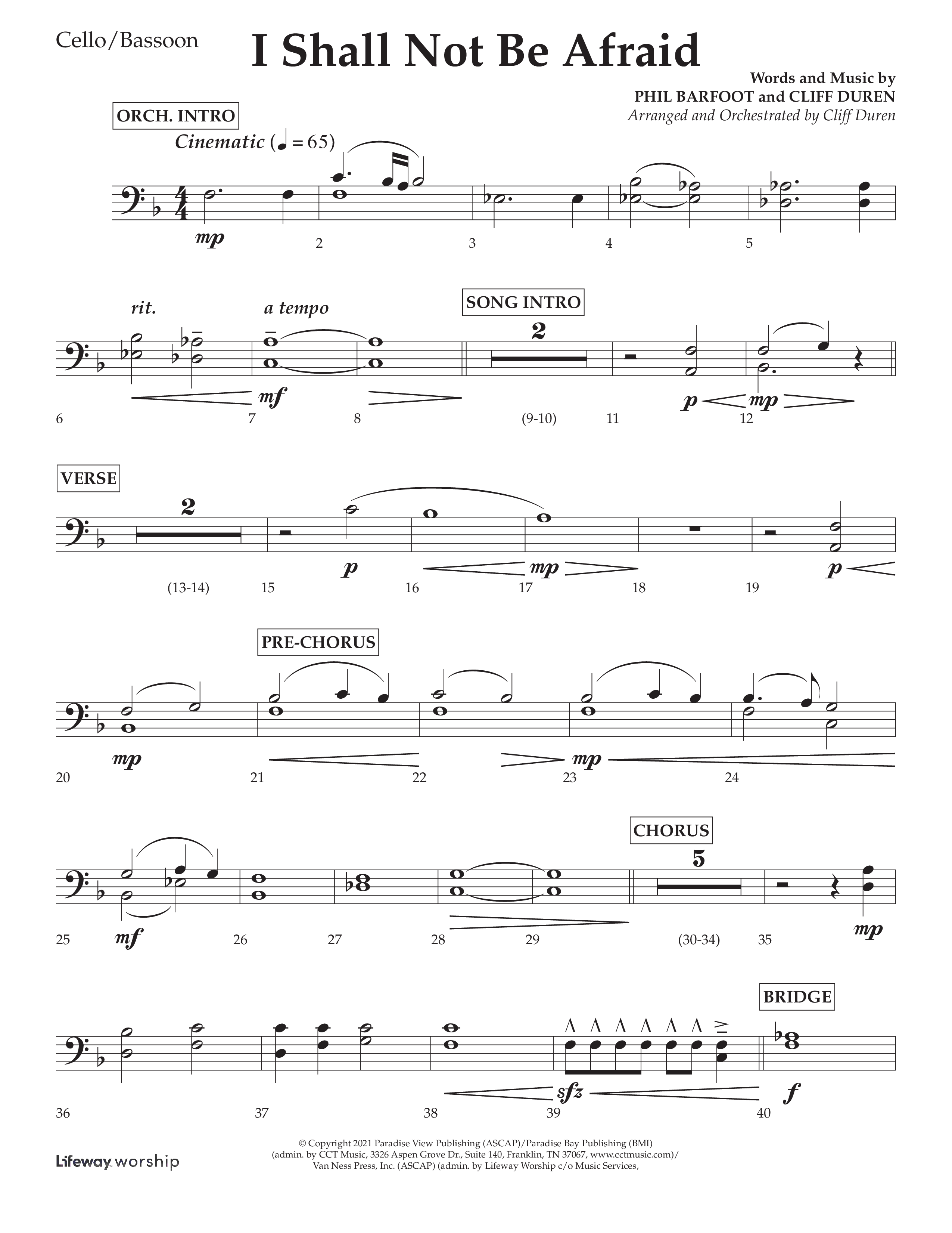 I Shall Not Be Afraid (Choral Anthem SATB) Cello (Lifeway Choral / Arr. Cliff Duren)