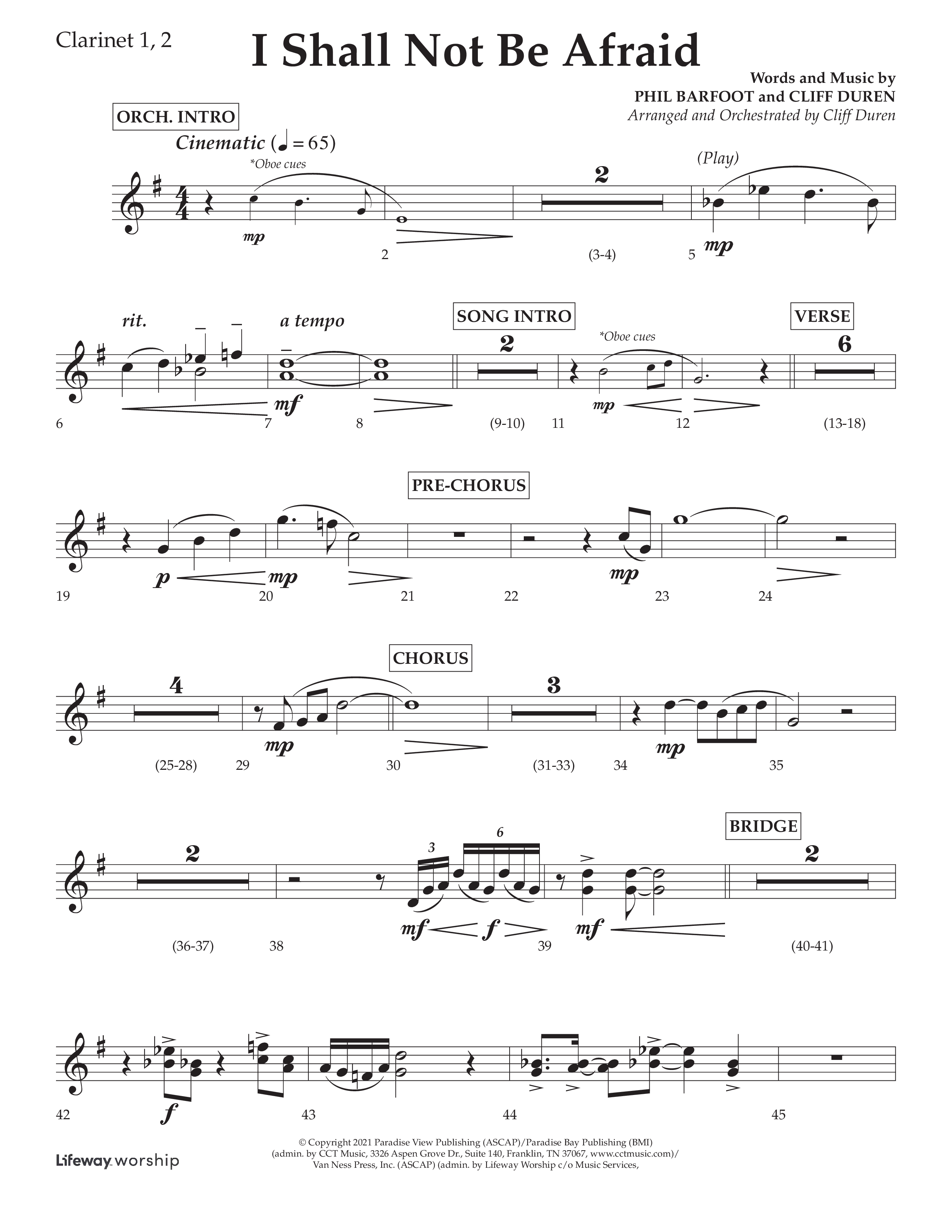 I Shall Not Be Afraid (Choral Anthem SATB) Clarinet 1/2 (Lifeway Choral / Arr. Cliff Duren)