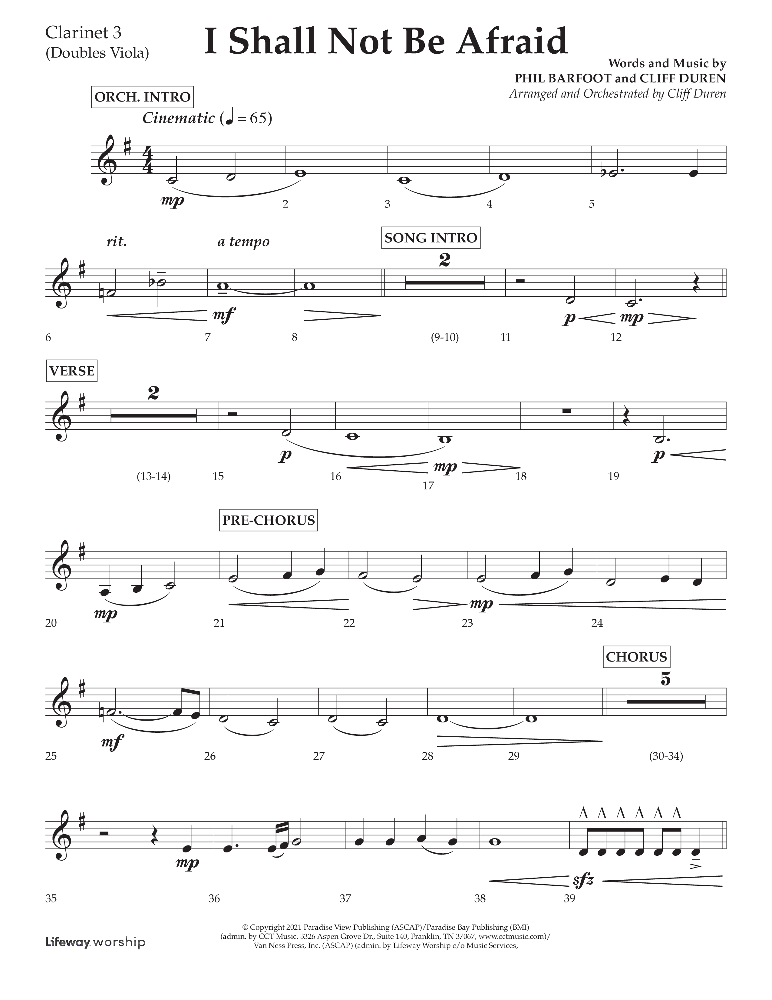 I Shall Not Be Afraid (Choral Anthem SATB) Clarinet 3 (Lifeway Choral / Arr. Cliff Duren)
