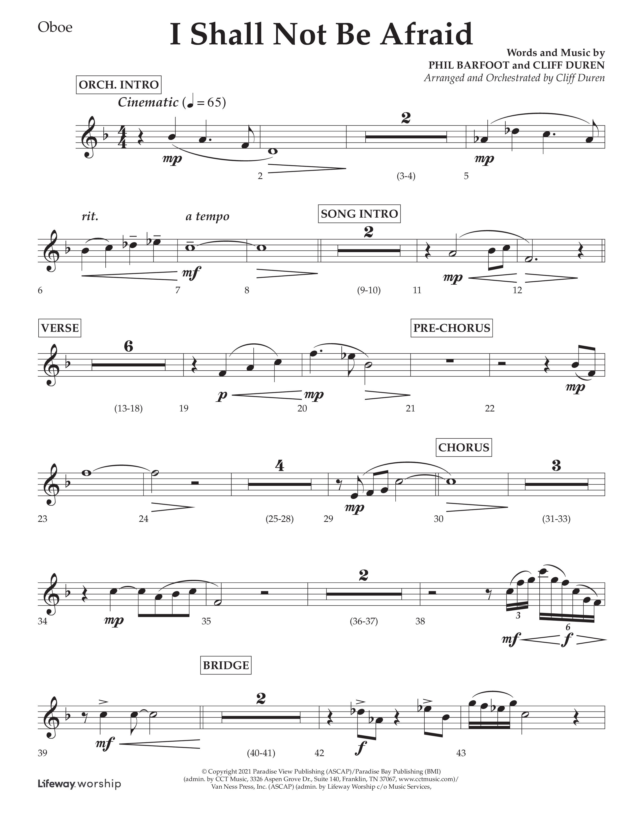 I Shall Not Be Afraid (Choral Anthem SATB) Oboe (Lifeway Choral / Arr. Cliff Duren)