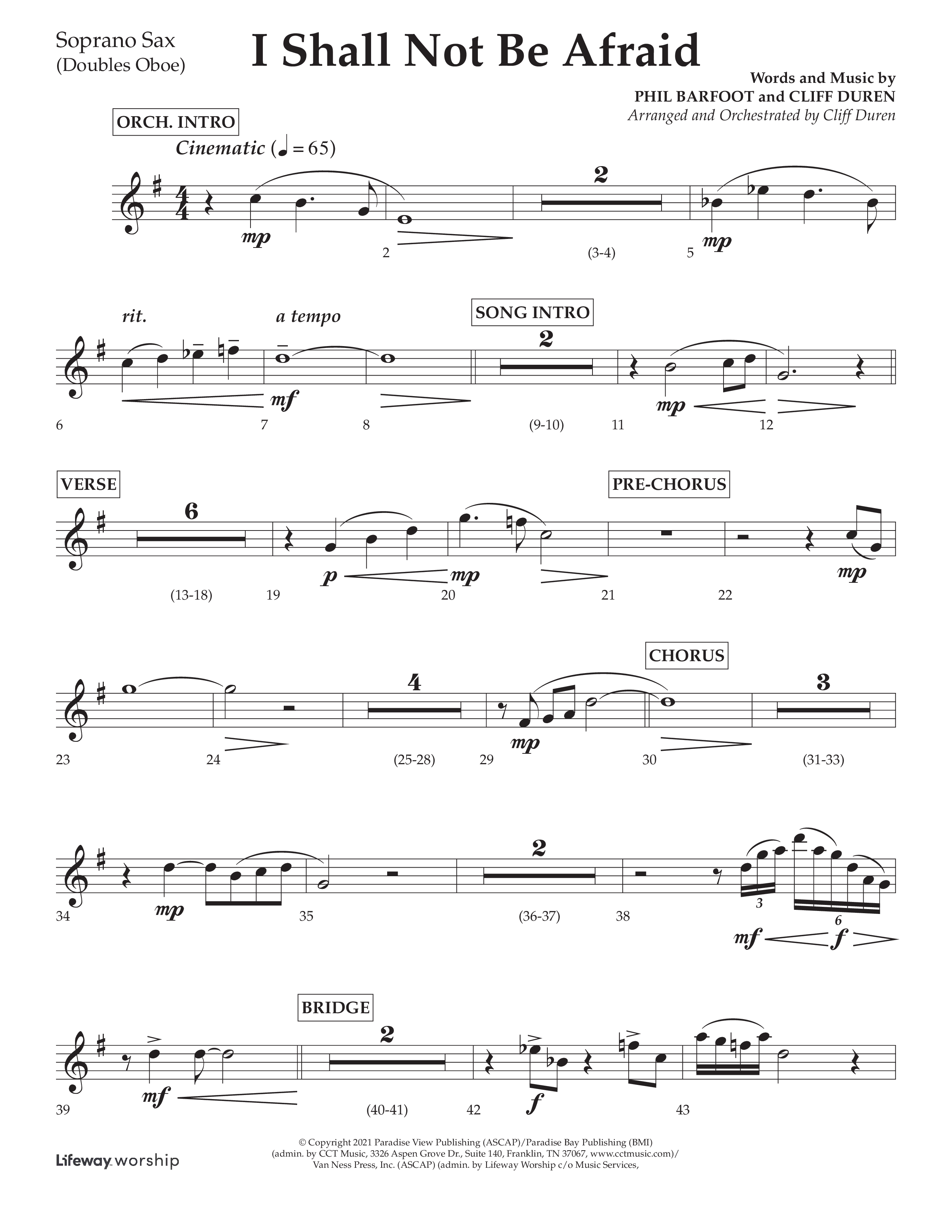I Shall Not Be Afraid (Choral Anthem SATB) Soprano Sax (Lifeway Choral / Arr. Cliff Duren)