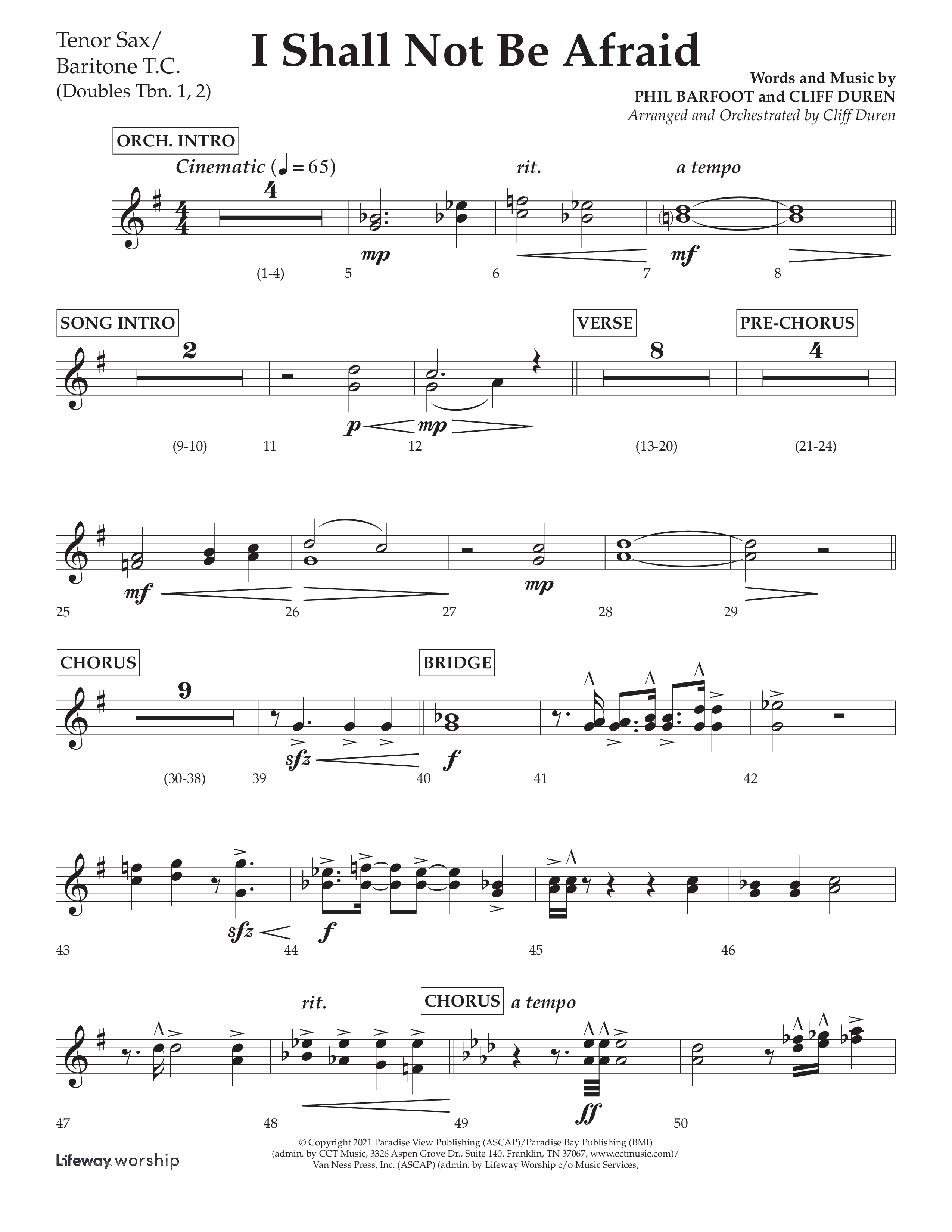 I Shall Not Be Afraid (Choral Anthem SATB) Tenor Sax/Baritone T.C. (Lifeway Choral / Arr. Cliff Duren)