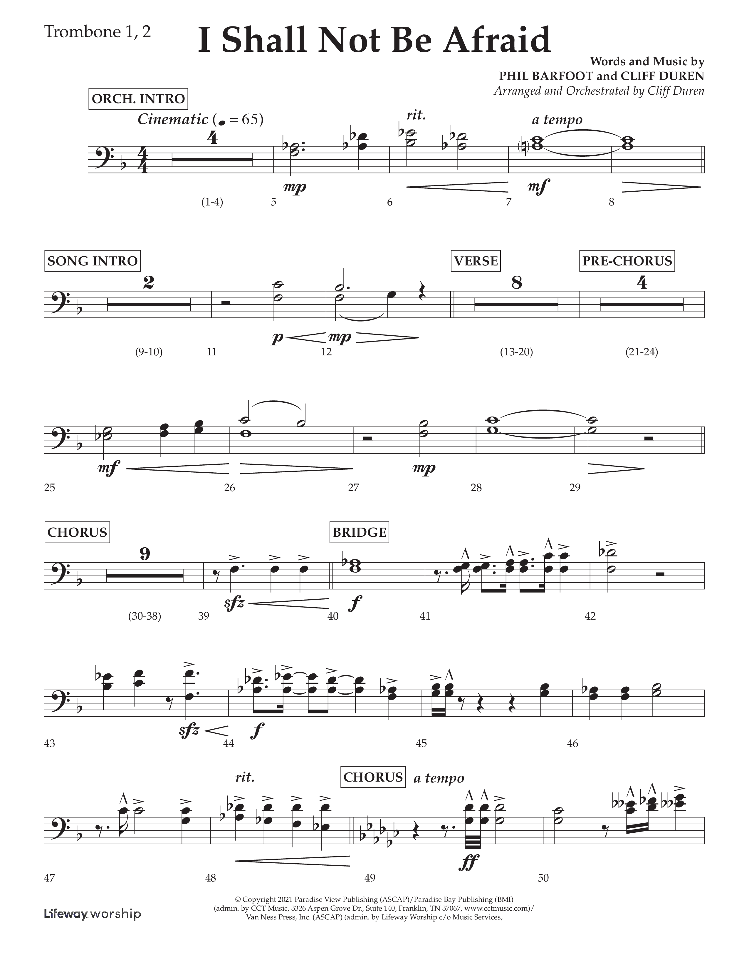 I Shall Not Be Afraid (Choral Anthem SATB) Trombone 1/2 (Lifeway Choral / Arr. Cliff Duren)