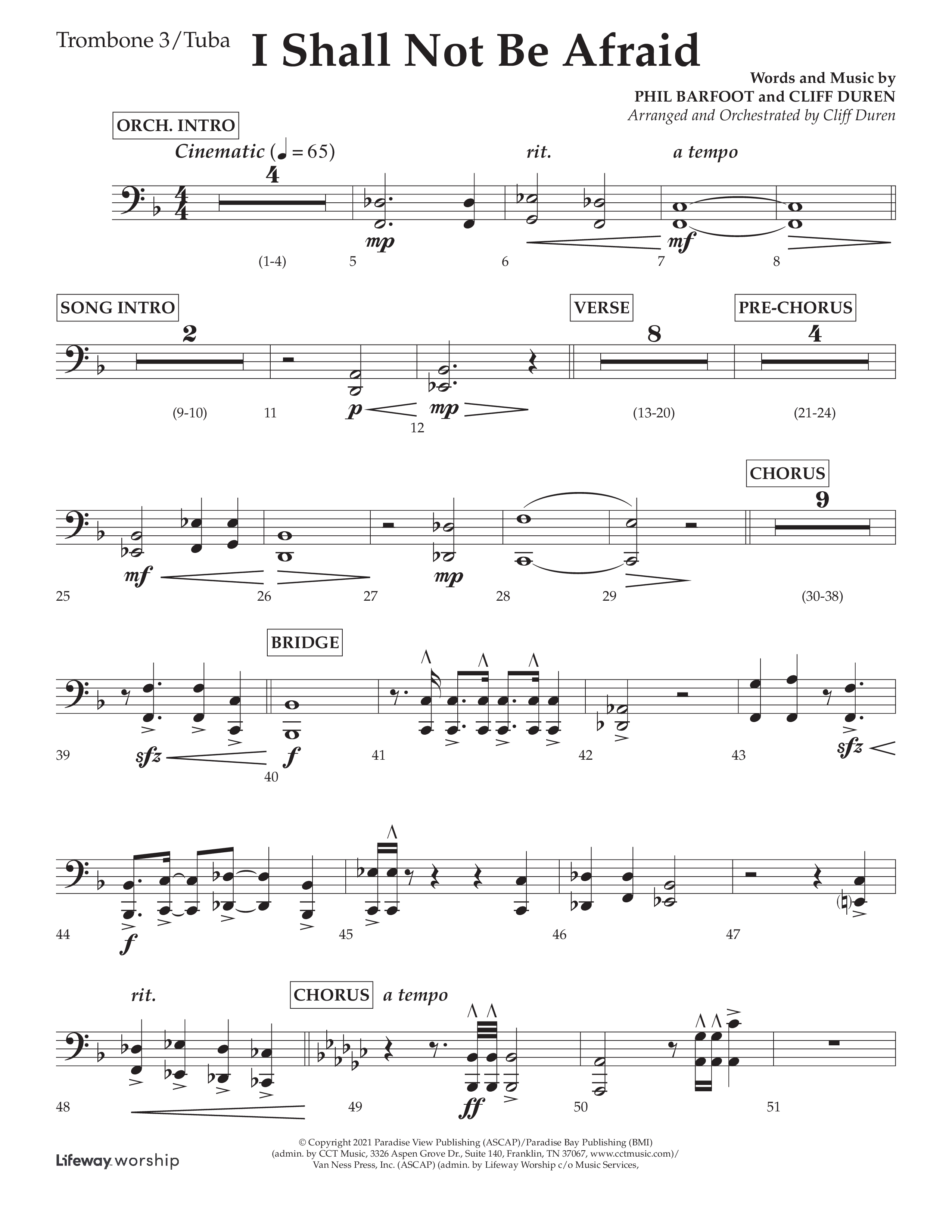 I Shall Not Be Afraid (Choral Anthem SATB) Trombone 3/Tuba (Lifeway Choral / Arr. Cliff Duren)