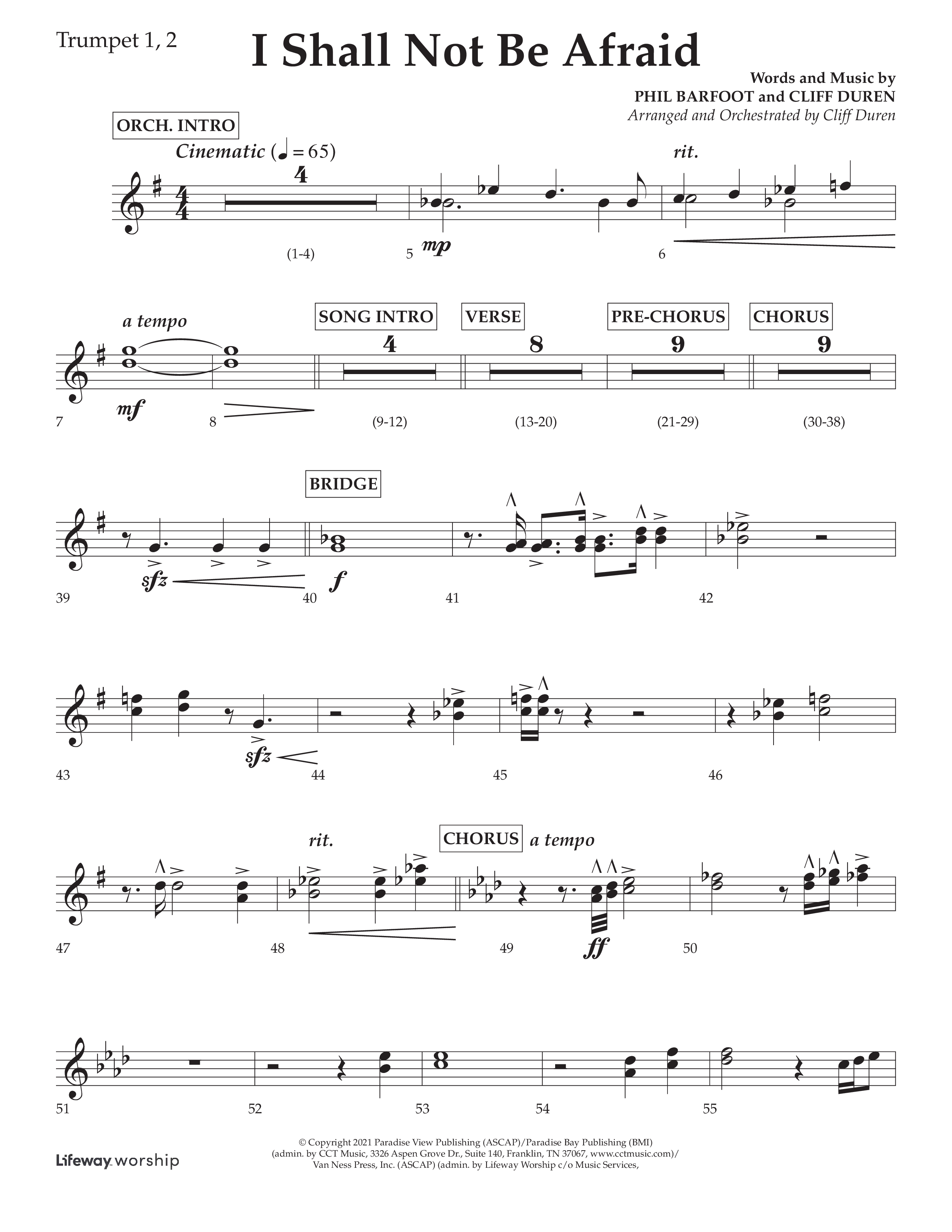 I Shall Not Be Afraid (Choral Anthem SATB) Trumpet 1,2 (Lifeway Choral / Arr. Cliff Duren)