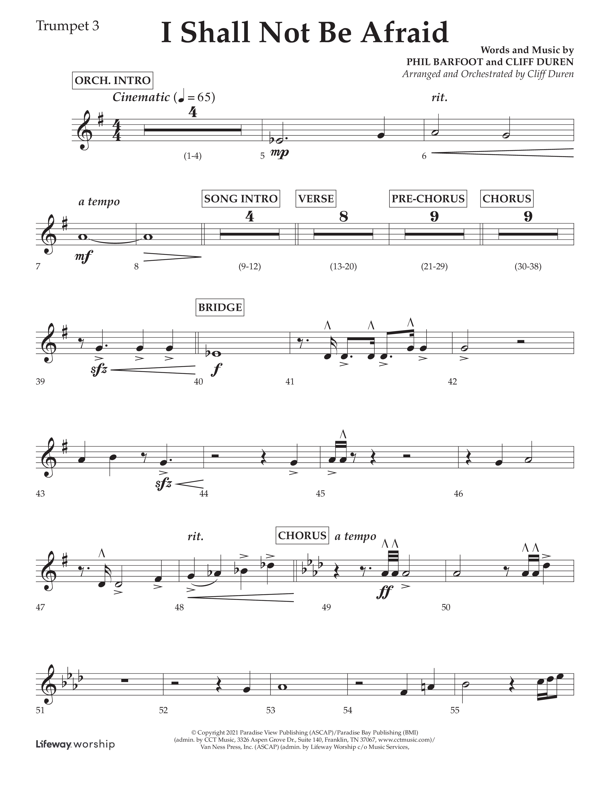 I Shall Not Be Afraid (Choral Anthem SATB) Trumpet 3 (Lifeway Choral / Arr. Cliff Duren)