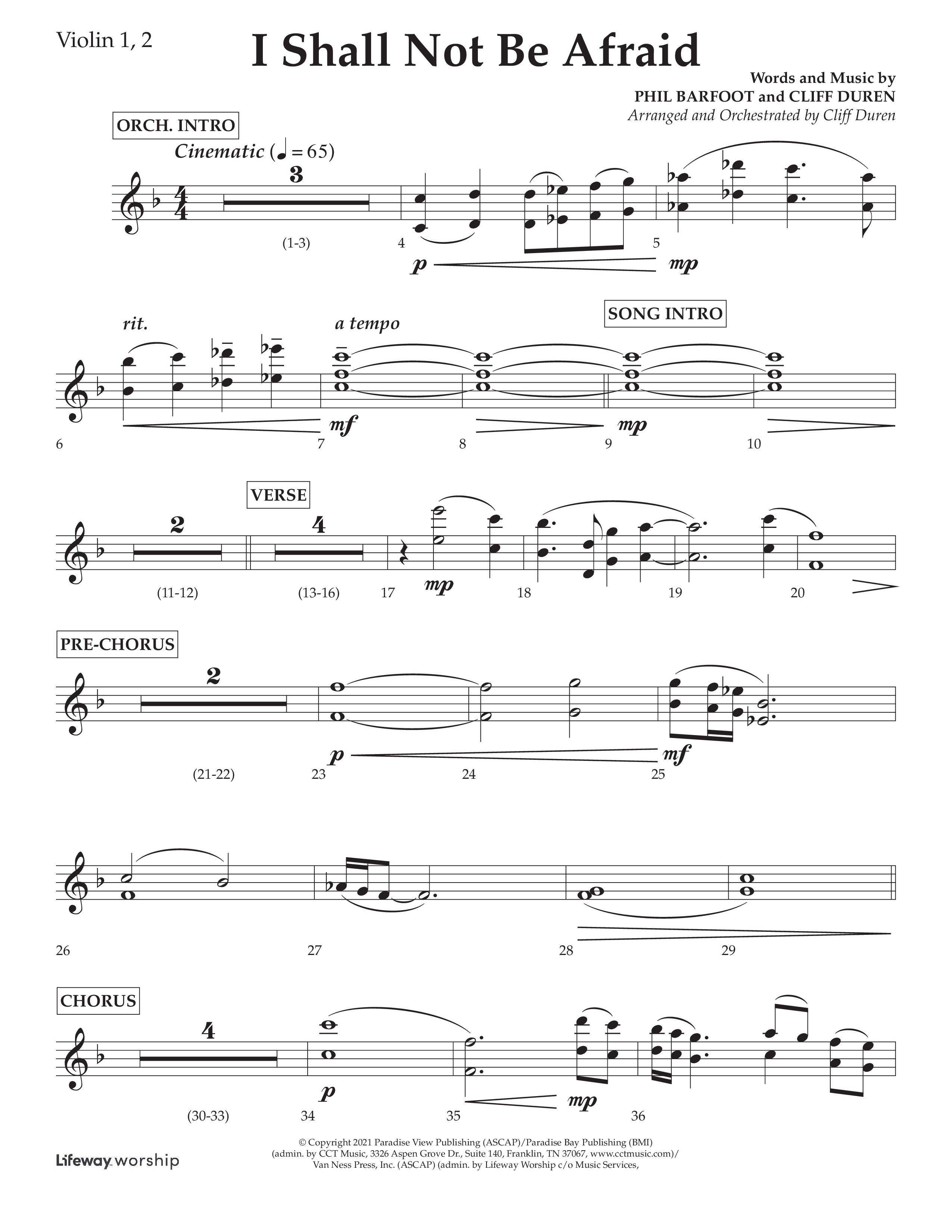 I Shall Not Be Afraid (Choral Anthem SATB) Violin 1/2 (Lifeway Choral / Arr. Cliff Duren)